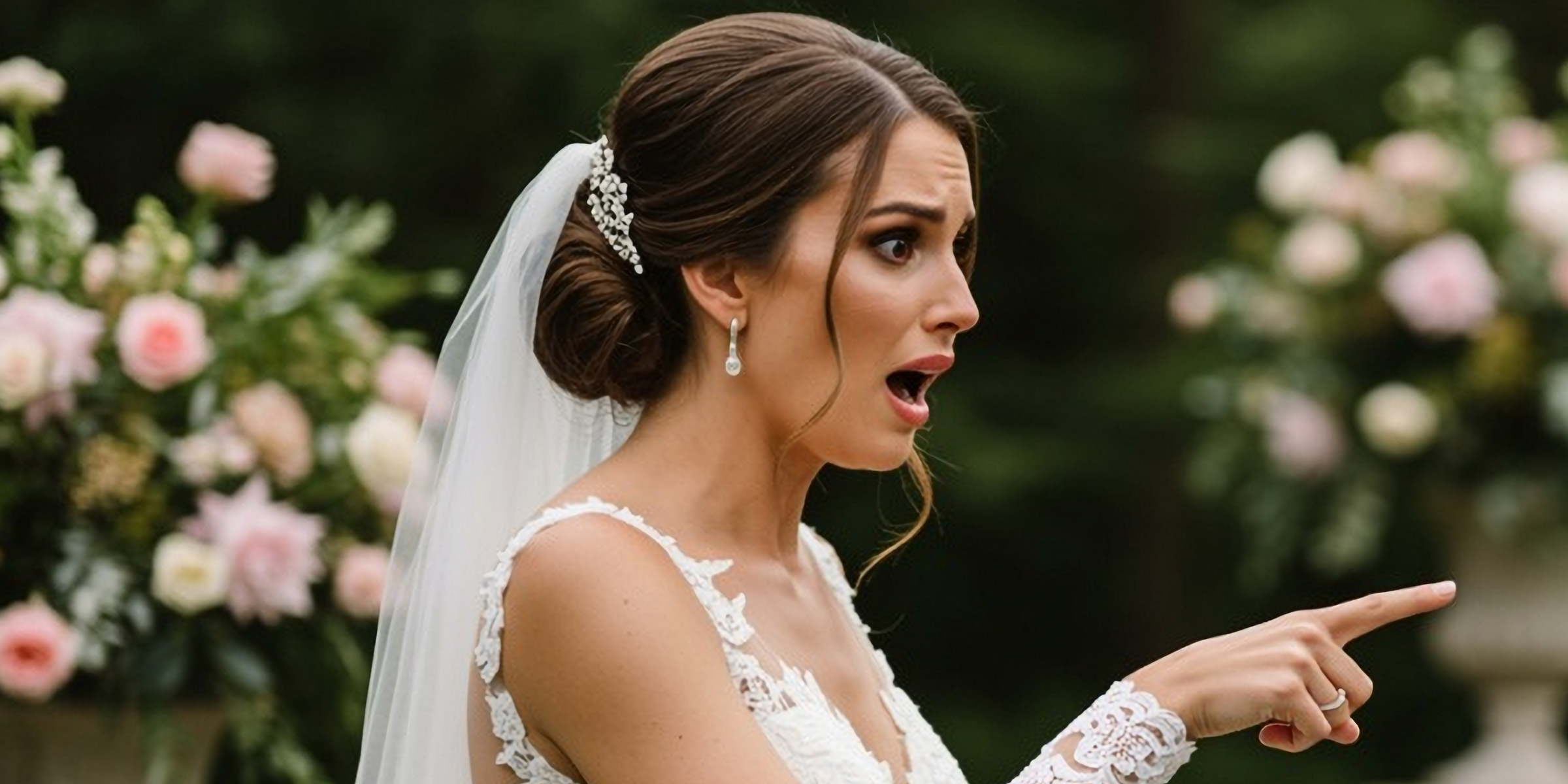 A shocked bride pointing at something | Source: Shutterstock