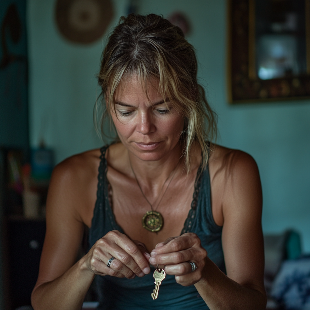 A woman looking at keys in her hands | Source: Midjourney