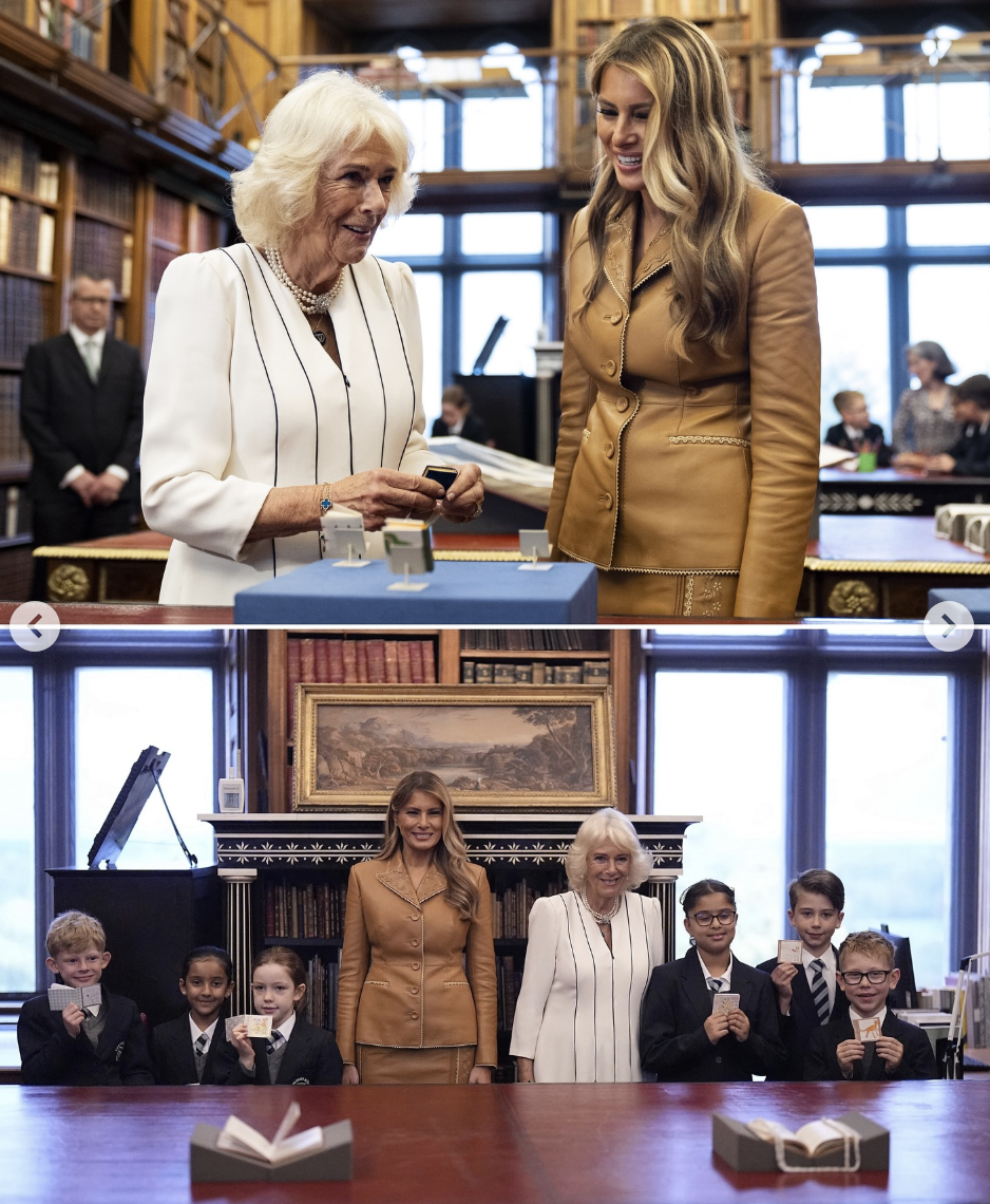 Queen Camilla and First Lady Melania Trump with schoolchildren during their visit to the Royal Library on September 18, 2025. | Source: Instagram/theroyalfamily