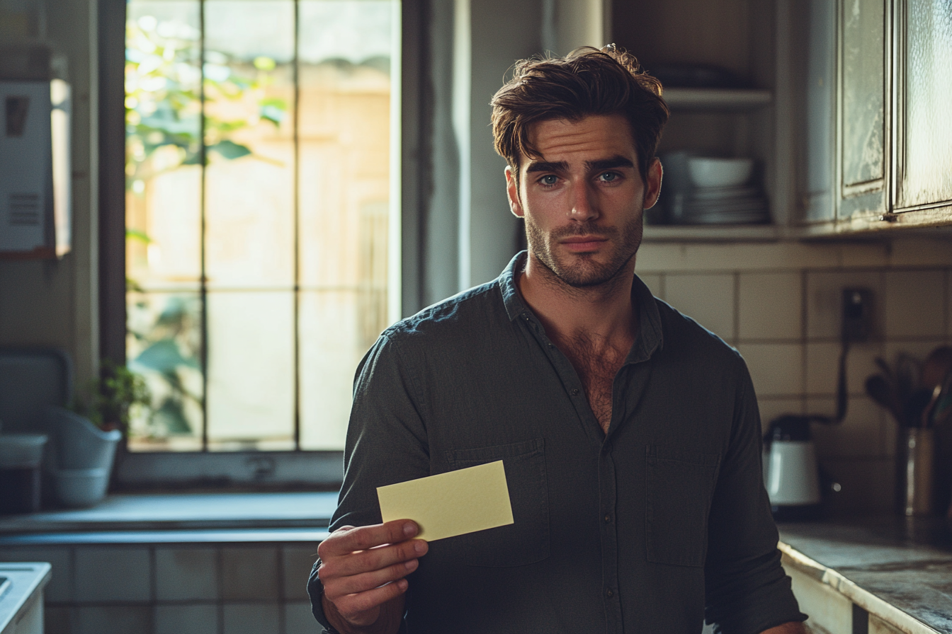 A man in a kitchen holding a card, looking tender and worried | Source: Midjourney