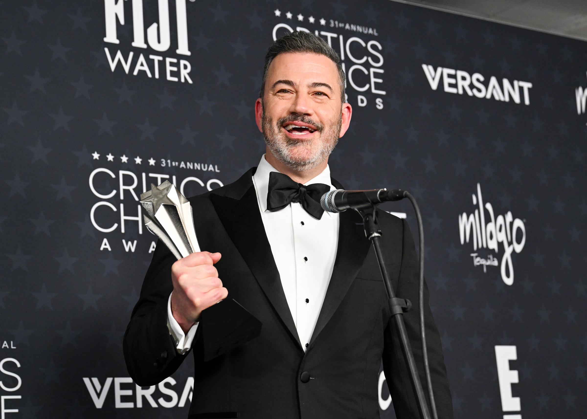 Jimmy Kimmel wins the Critics Choice Award for Best Talk Show Award for "Jimmy Kimmel Live!" at the 31st Annual Critics Choice Awards held at the Barker Hangar on January 04, 2026 in Santa Monica, California. | Source: Getty Images