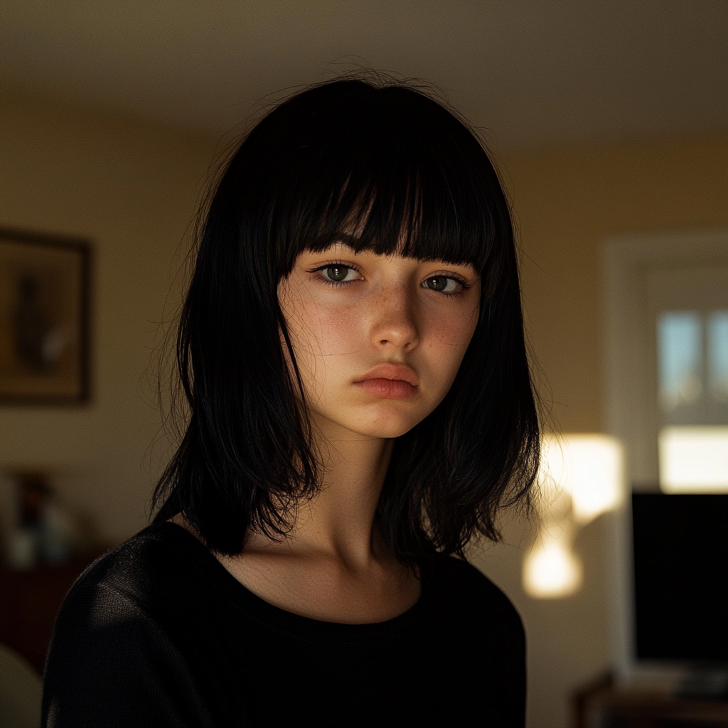 An upset teenage girl standing in a living room | Source: Midjourney