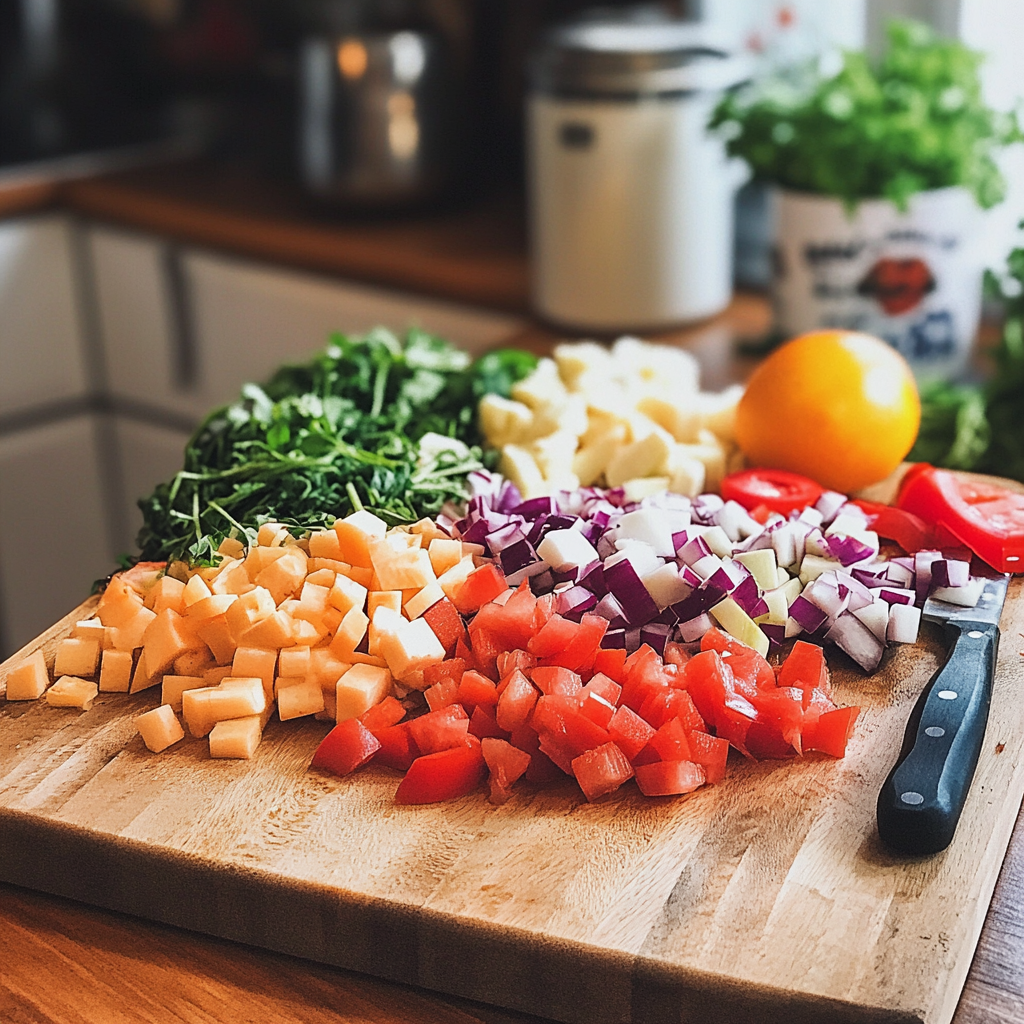 Chopped veggies on a board | Source: Midjourney