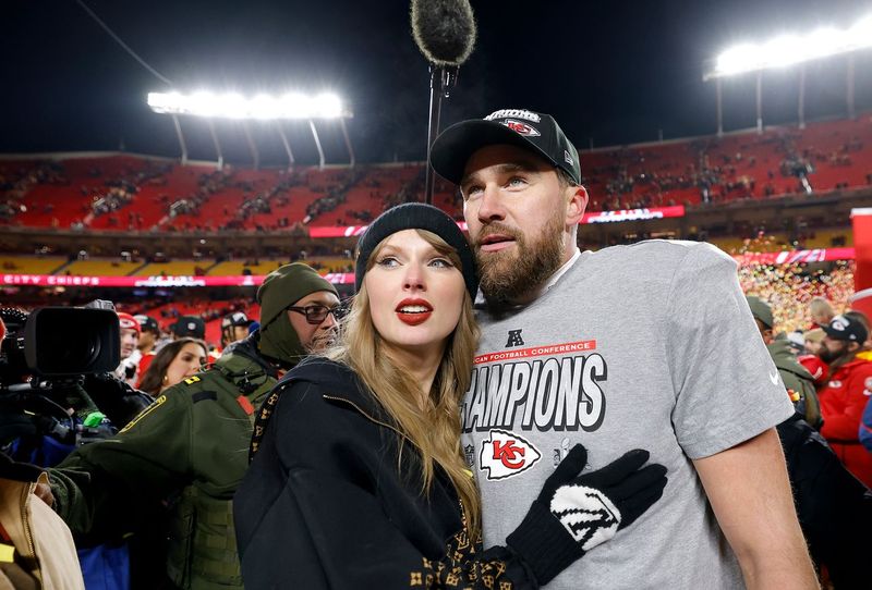 Taylor Swift and Travis Kelce at the AFC Championship Game on January 26, 2025 in Kansas City, Missouri. | Source: Getty Images
