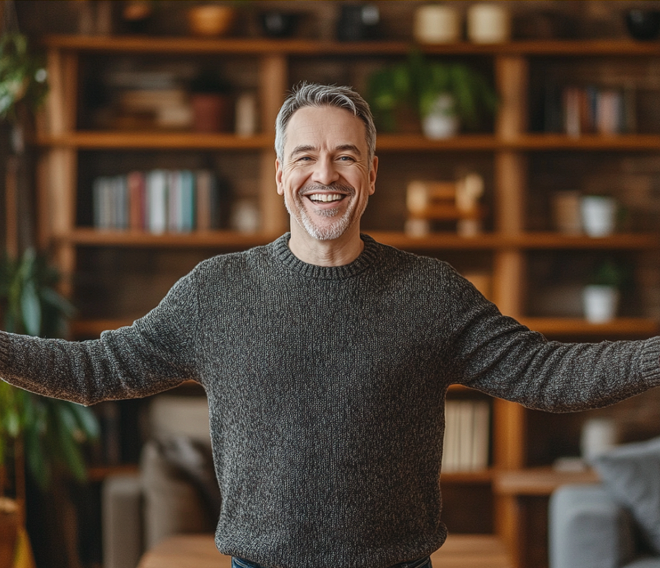 A man standing in a living room with his arms outstretched | Source: Midjourney