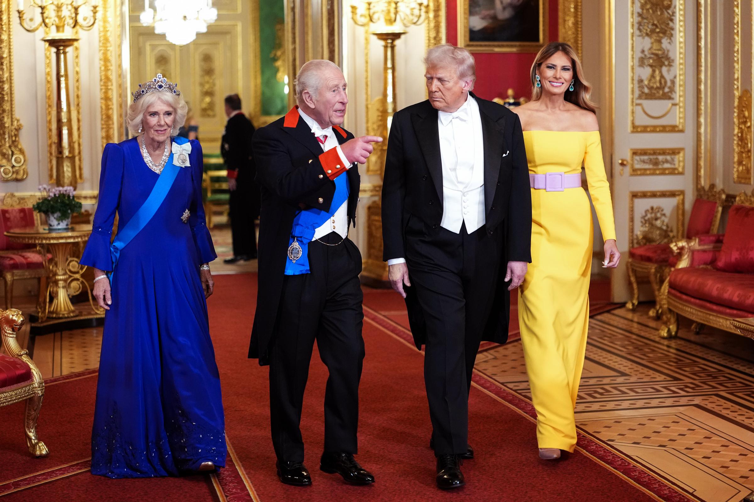 (L-R) Queen Camilla, King Charles III, U.S. President Donald Trump and First Lady Melania Trump arrive for the State Banquet hosted by King Charles III and members of the Royal Family at Windsor Castle during the state visit by the President of the United States of America on September 17, 2025, in Windsor, England. | Source: Getty Images