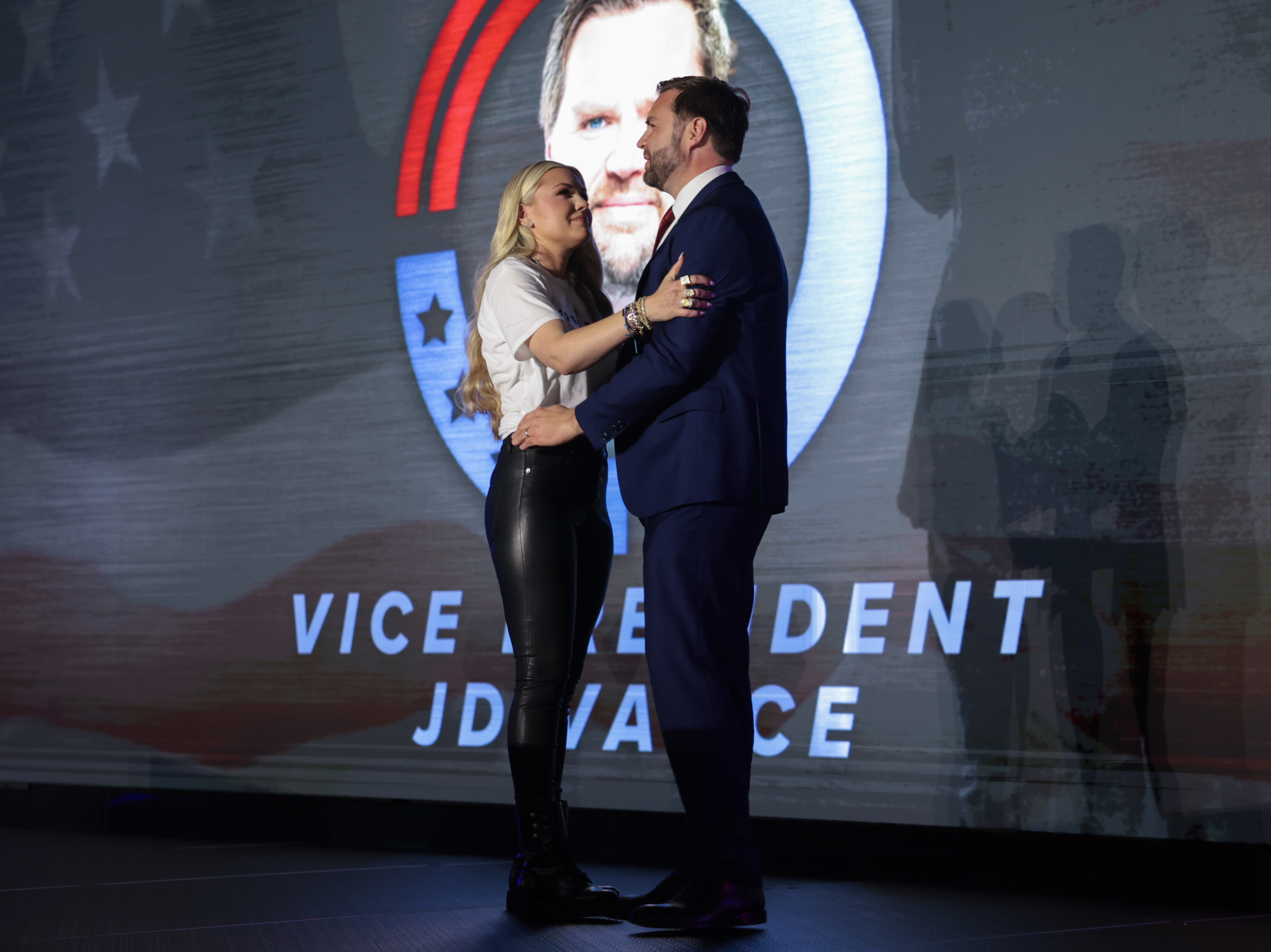 Erika Kirk and U.S. Vice President JD Vance embrace at the Pavilion at Ole Miss on the campus of the University of Mississippi on October 29, 2025. | Source: Getty Images