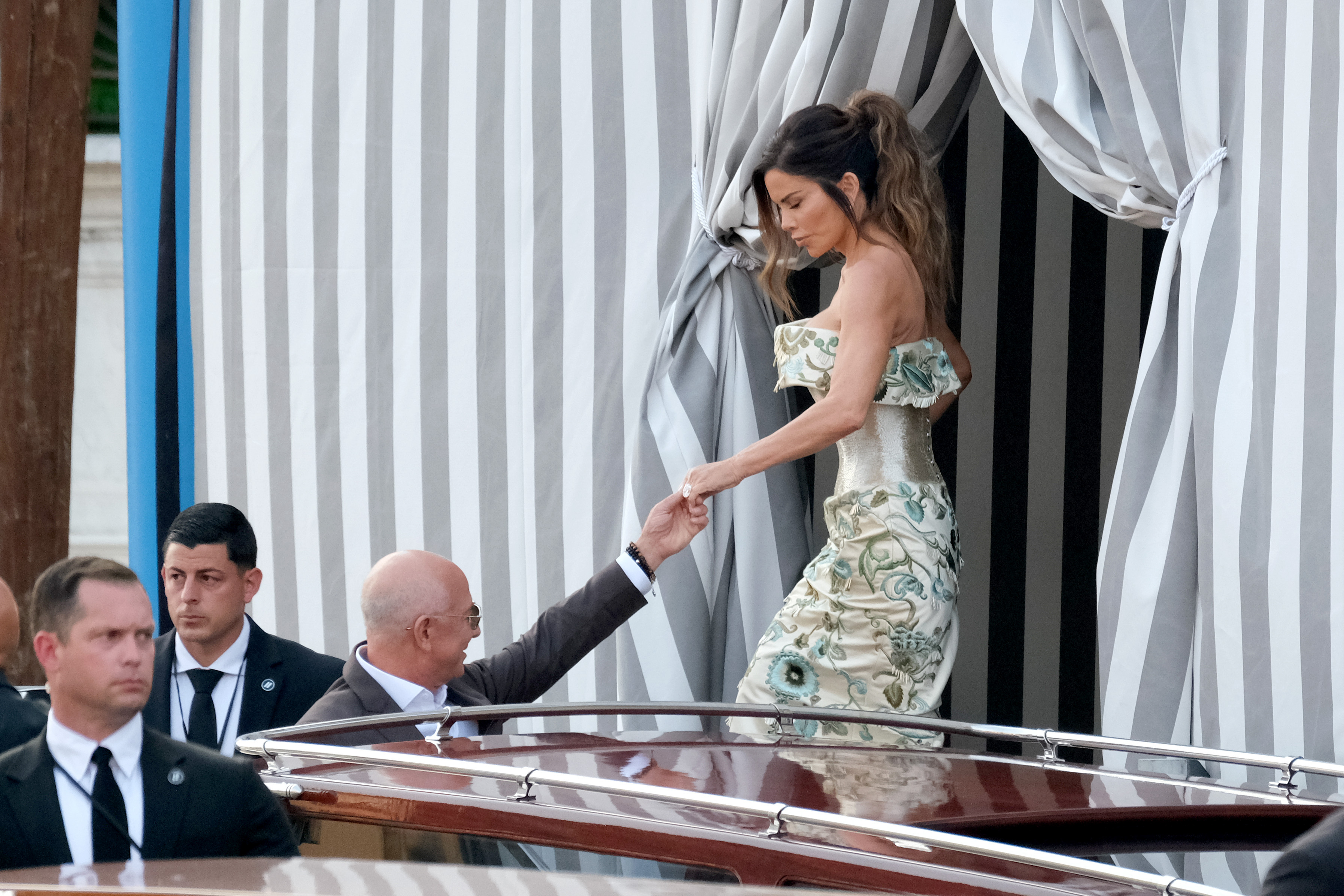 Jeff Bezos and Lauren Sanchez are seen leaving the Aman Hotel in Venice ahead of on June 26, 2025, in Venice, Italy. | Source: Getty Images