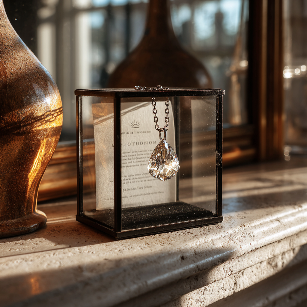 A diamond pendant on a mantle | Source: Midjourney