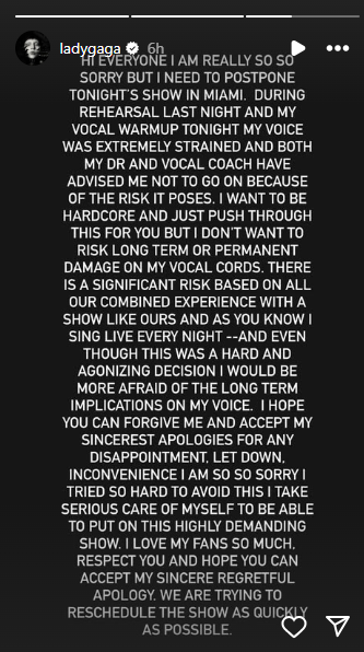 Lady Gaga's statement about her show cancellation shared on her Instagram Stories on September 3, 2024 | Source: Instagram/ladygaga