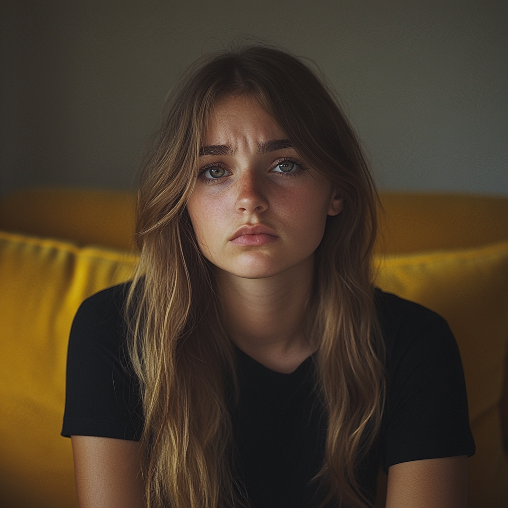 An upset woman sitting on a yellow couch | Source: Midjourney