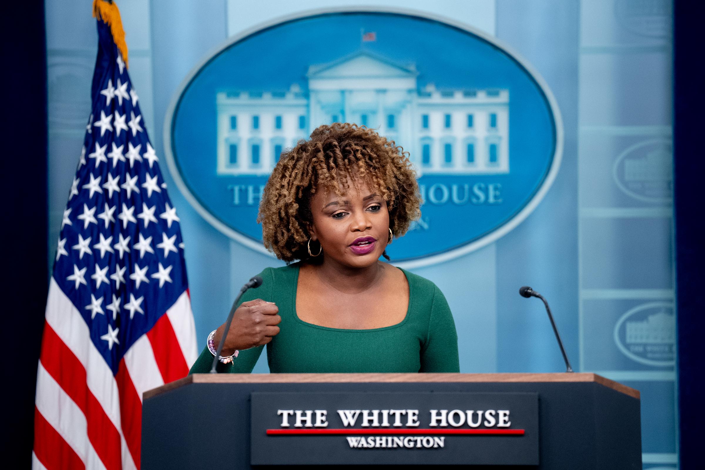 Former White House press secretary Karine Jean-Pierre speaks during a news conference in the Brady Press Briefing Room at the White House on November 21, 2024, in Washington, DC. | Source: Getty Images