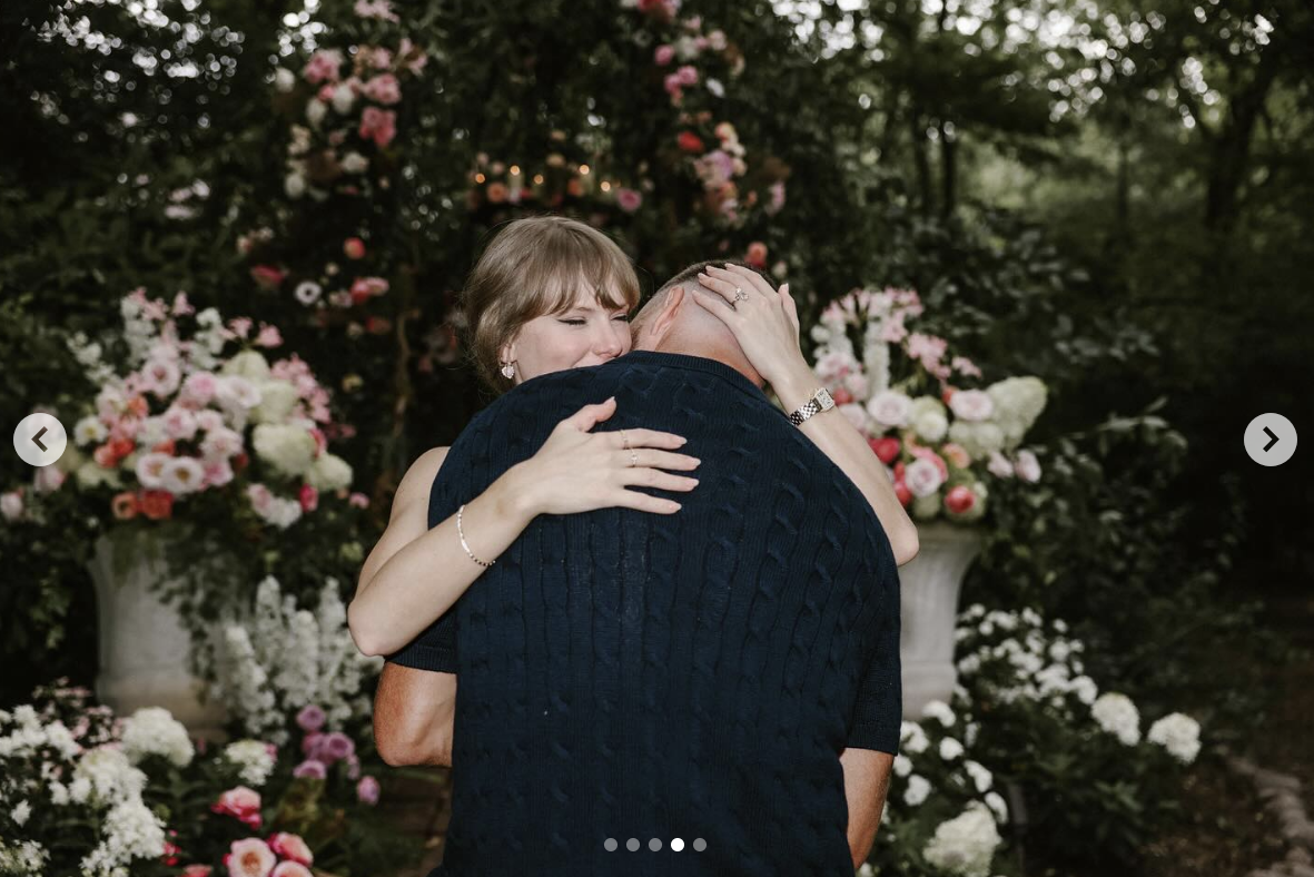 Travis Kelce and Taylor Swift share an embrace after getting engaged, posted on August 26, 2025. | Source: Instagram/taylorswift