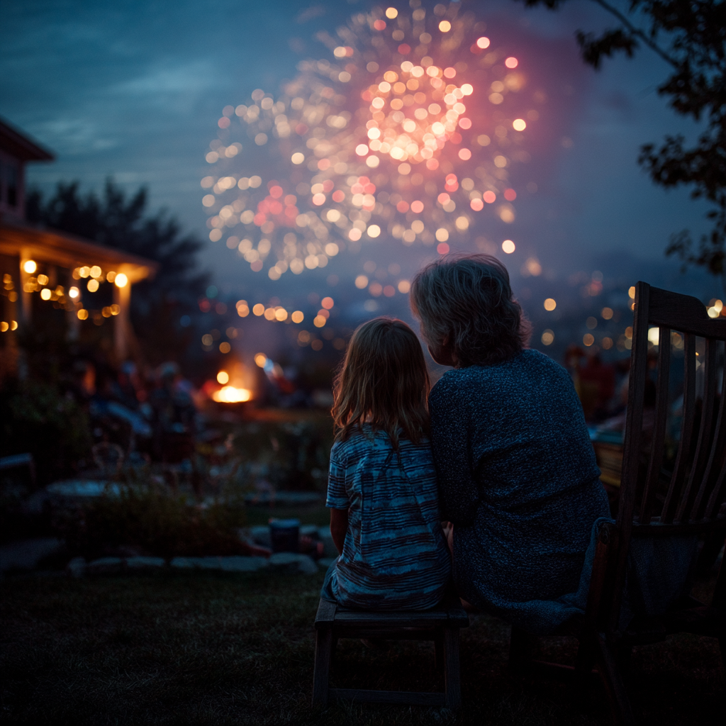 A happy woman and little girl watching fireworks | Source: Midjourney
