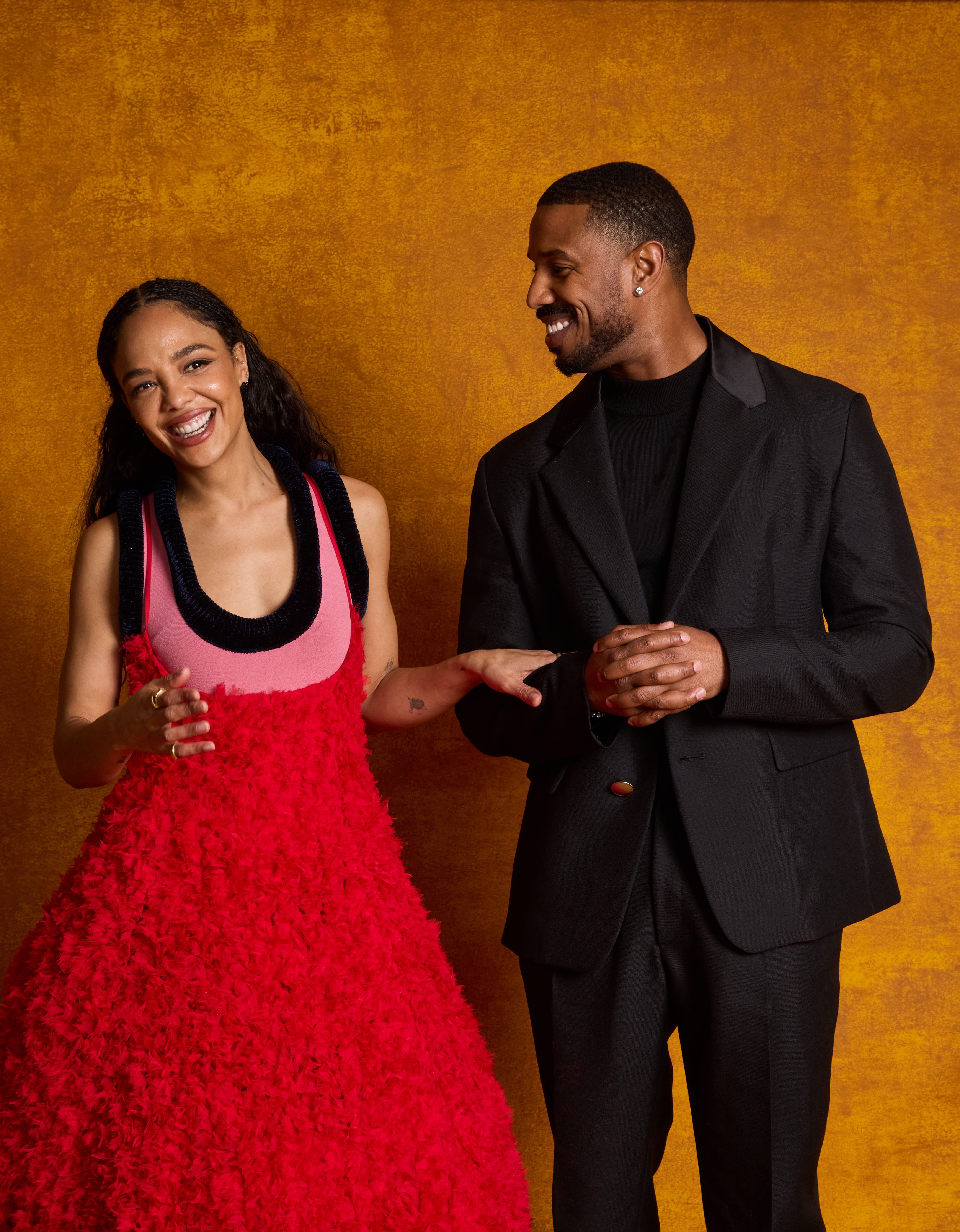 Tessa Thompson and Michael B. Jordan pose in the IMDb Exclusive Portrait Studio at the Critics Choice Association 8th Annual Celebration of Black Cinema & Television at Fairmont Century Plaza on December 09, 2025 in Los Angeles, California. | Source: Getty Images