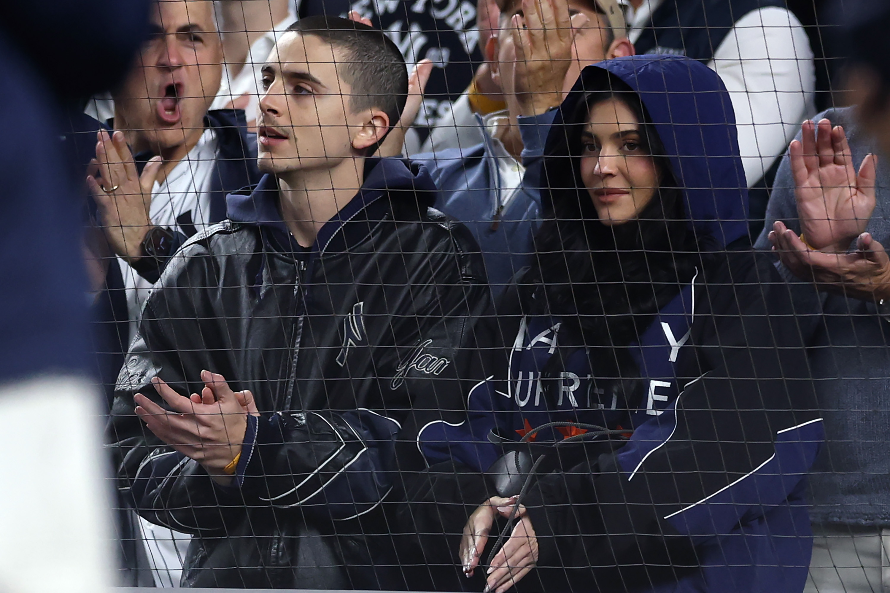 Timothée Chalamet and Kylie Jenner look on during the seventh inning of game four of the American League Division Series between the New York Yankees and the Toronto Blue Jays at Yankee Stadium on October 8, 2025, in New York City. | Source: Getty Images