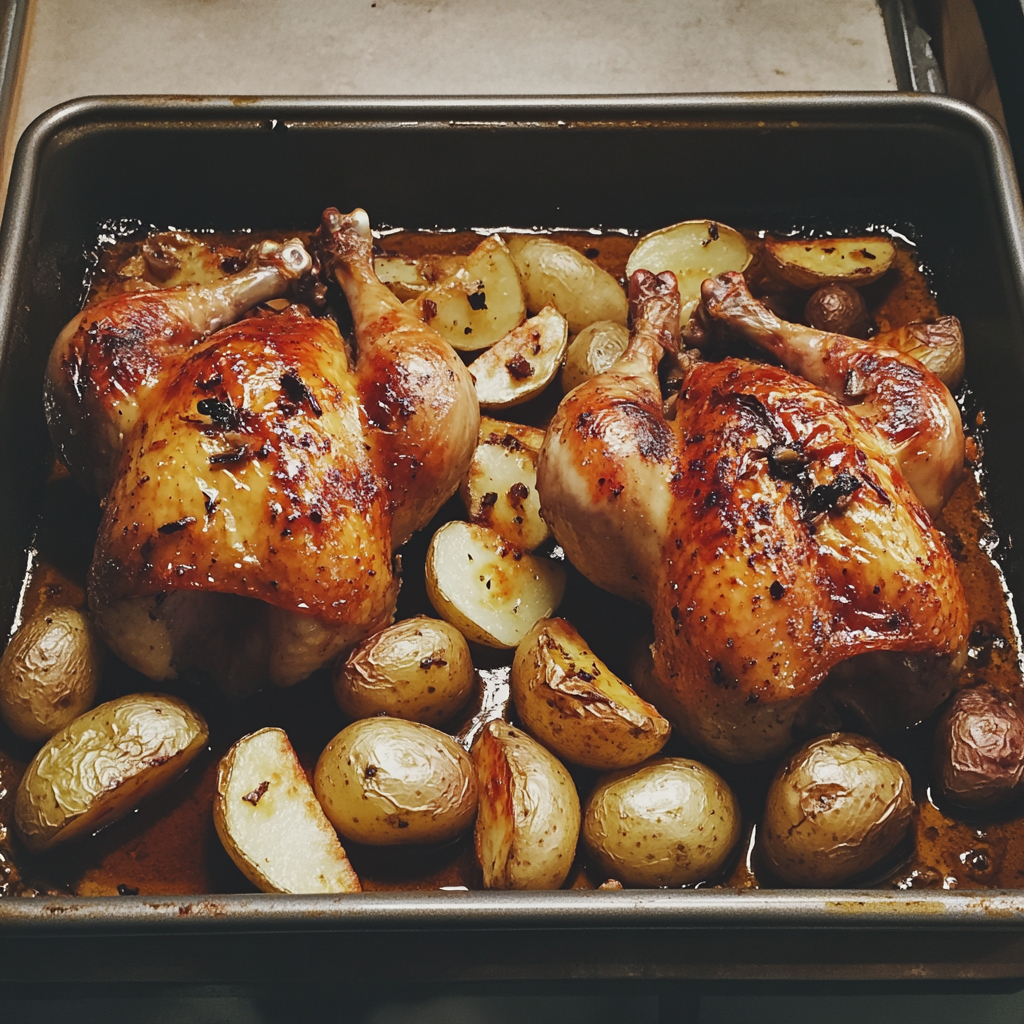 A tray of roast chicken and potatoes | Source: Midjourney