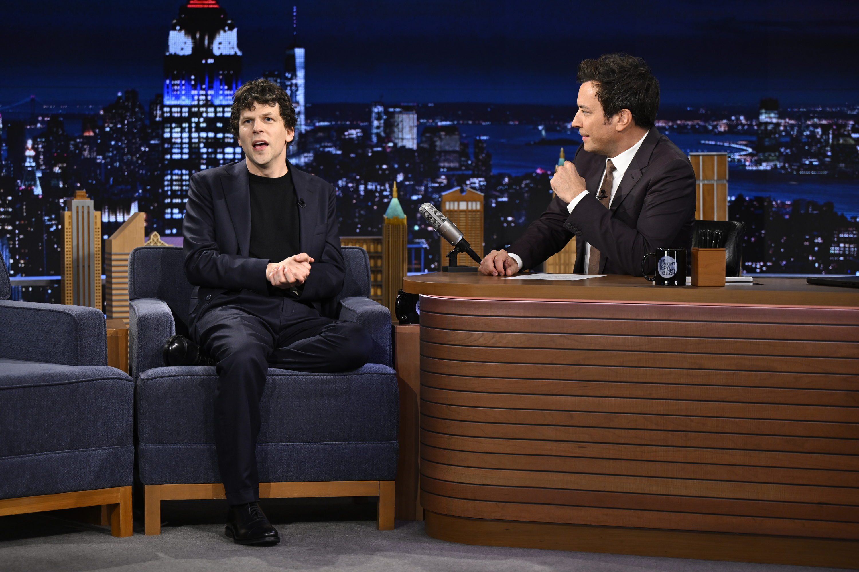 Actor Jesse Eisenberg during an interview with host Jimmy Fallon on Wednesday, October 29, 2025. | Source: Getty Images