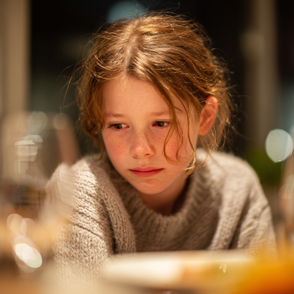 A sad young girl at a family dinner | Source: Midjourney