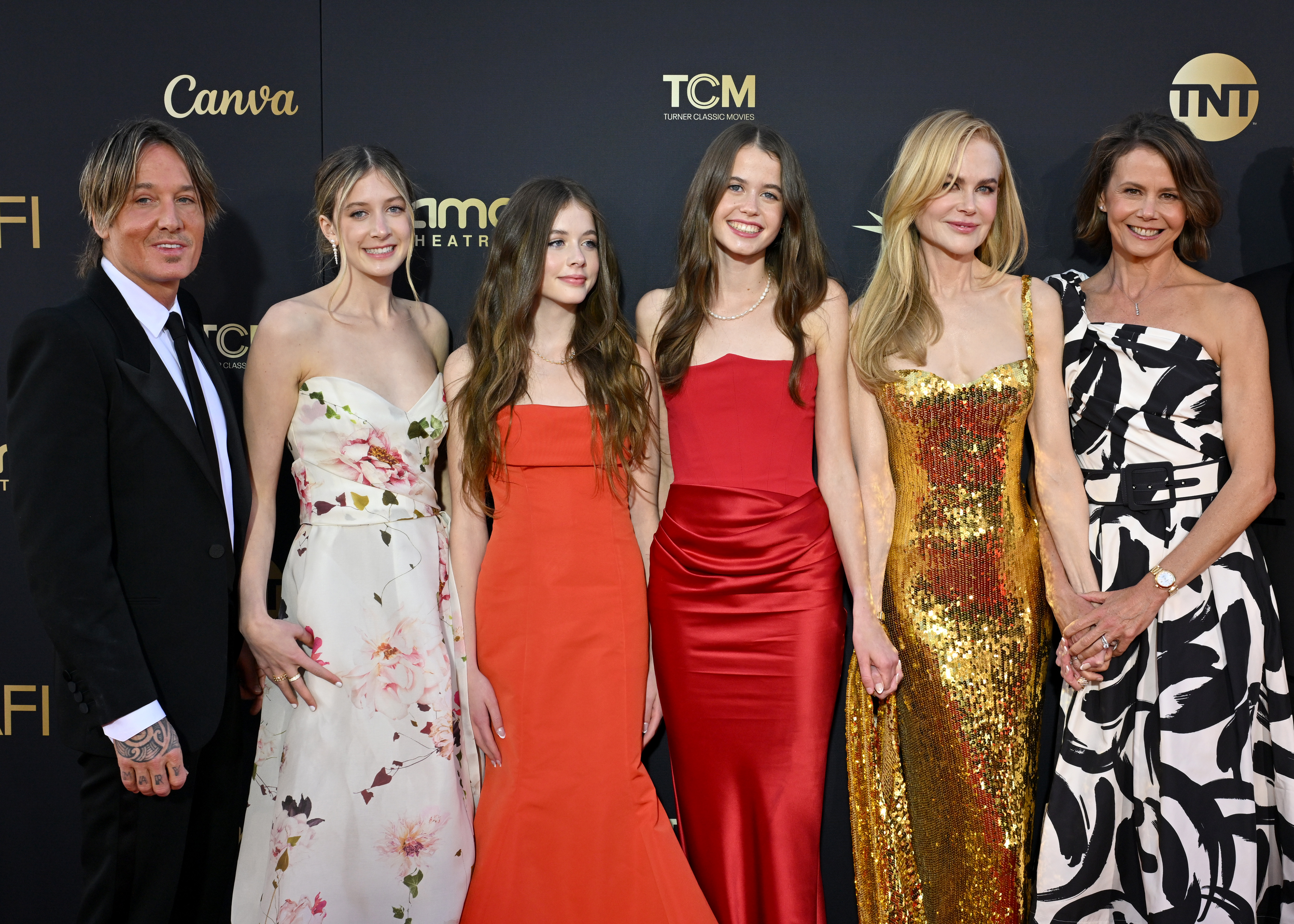 (L-R) Keith Urban, Sunday Rose Kidman Urban, Faith Margaret Kidman Urban, Sybella Hawley, Nicole Kidman, and Antonia Kidman attend the 49th AFI Life Achievement Award Gala Tribute Celebrating Nicole Kidman at Dolby Theatre on April 27, 2024, in Hollywood, California. | Source: Getty Images