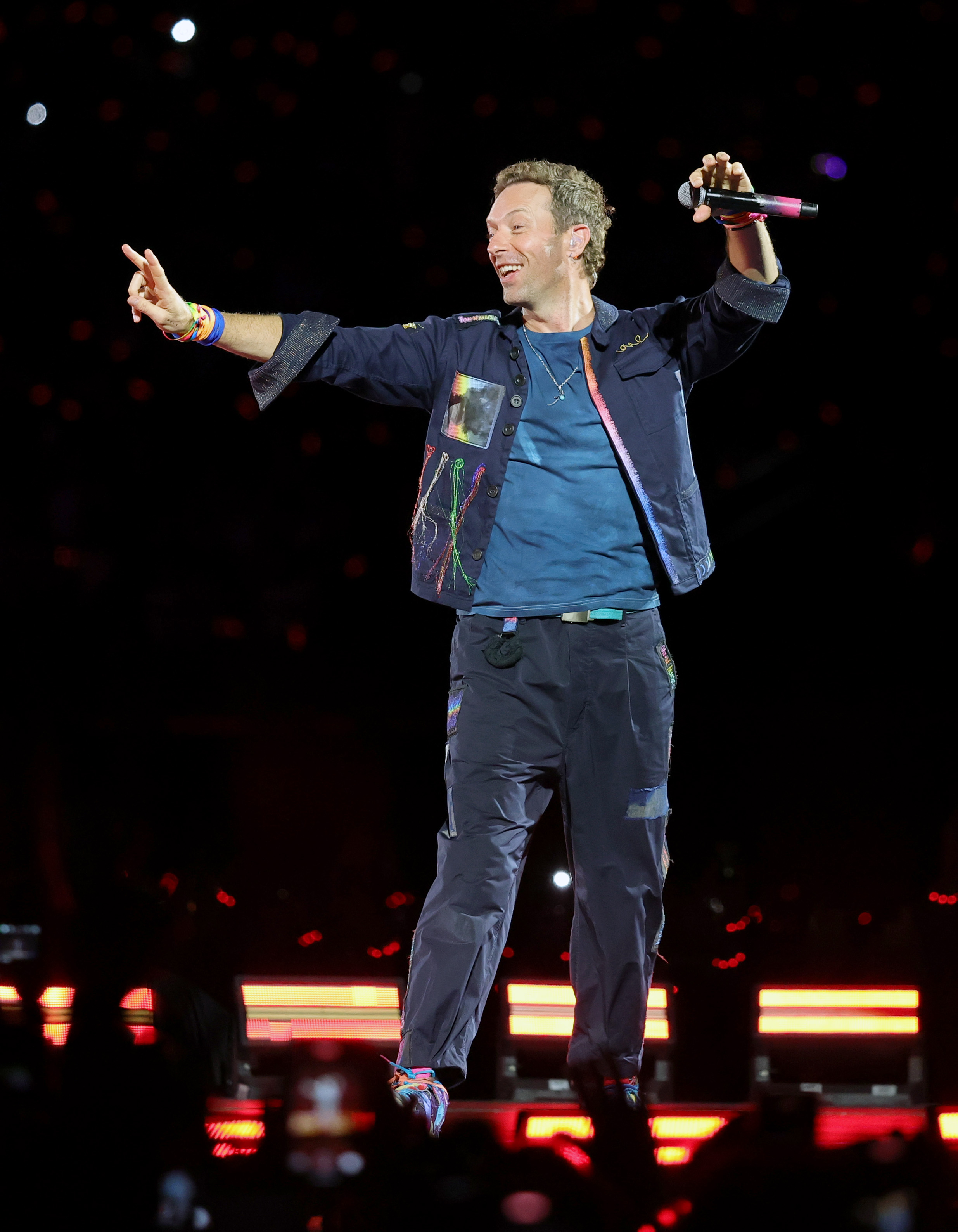 Chris Martin of Coldplay performs on a stop of the band's Music of the Spheres world tour at Allegiant Stadium on June 6, 2025, in Las Vegas, Nevada. | Source: Getty Images