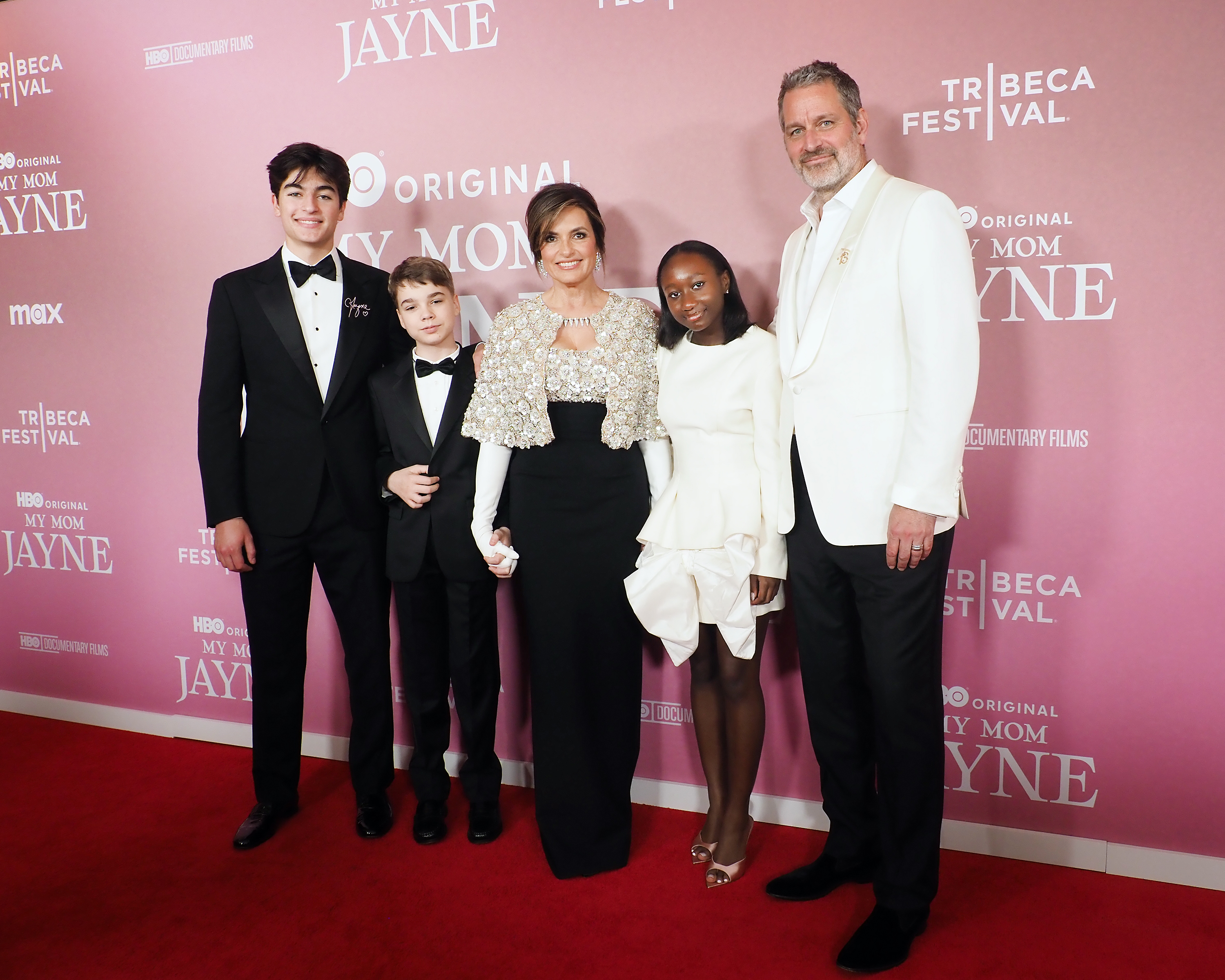 (L-R) August Miklos Friedrich Hermann, Andrew Nicolas Hermann, Mariska Hargitay, Amaya Josephine Hermann and Peter Hermann attend the "My Mom Jayne: A Film By Mariska Hargitay" premiere during the 2025 Tribeca Festival at Carnegie Hall on June 13, 2025, in New York City. | Source: Getty Images