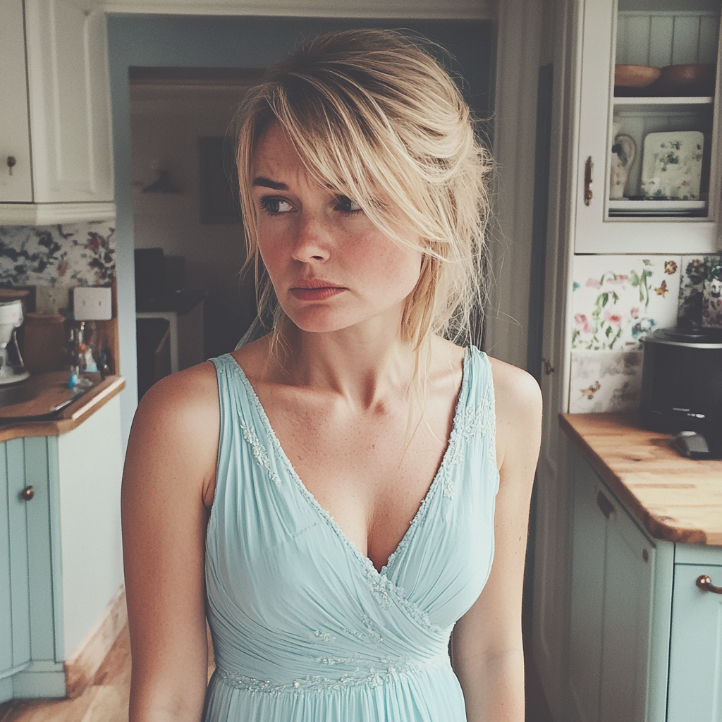 An upset woman standing in a kitchen | Source: Midjourney