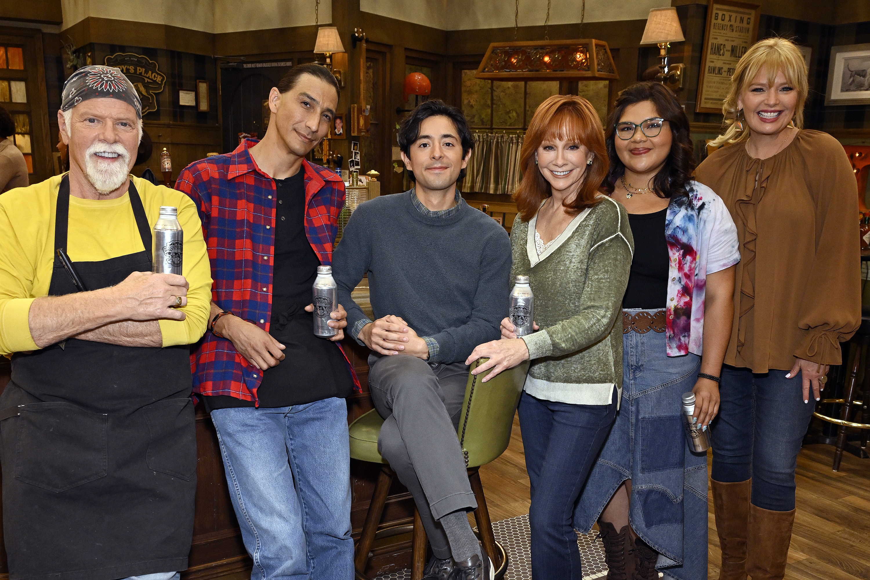 Rex Linn, Tokala Black Elk, Pablo Castelblanco, Reba McEntire, Belissa Escobedo, Melissa Peterman are pictured on the Universal Studios Lot during "NBCUniversal Backlot Summer Experience - NBC's Happy's Place" on Monday, August 4, 2025. | Source: Getty Images