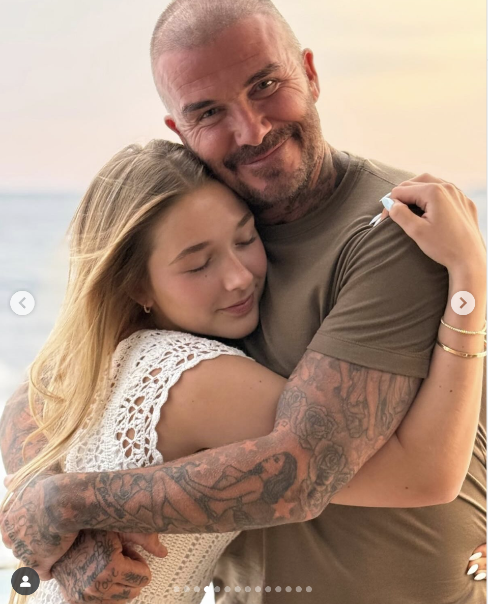 David and Harper Beckham share an embrace while onboard a yacht, posted on August 10, 2025. | Source: Instagram/victoriabeckham