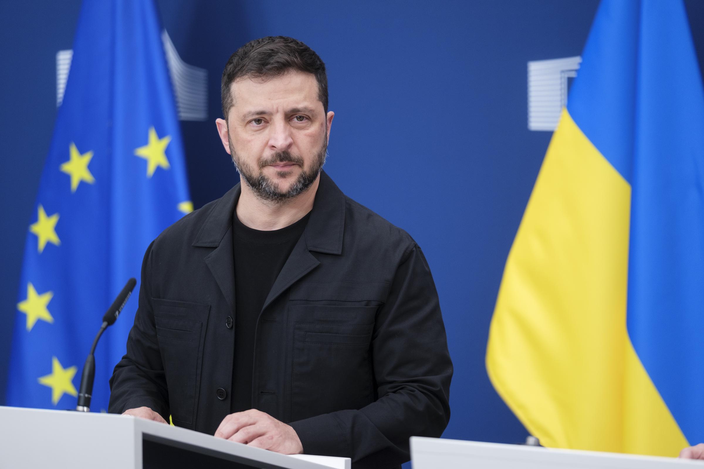 Ukraine President Volodymyr Zelenskyy speaks with the media prior to a virtual meeting with EU leaders in the Berlaymont, the EU Commission headquarter, on August 17, 2025, in Brussels, Belgium. | Source: Getty Images