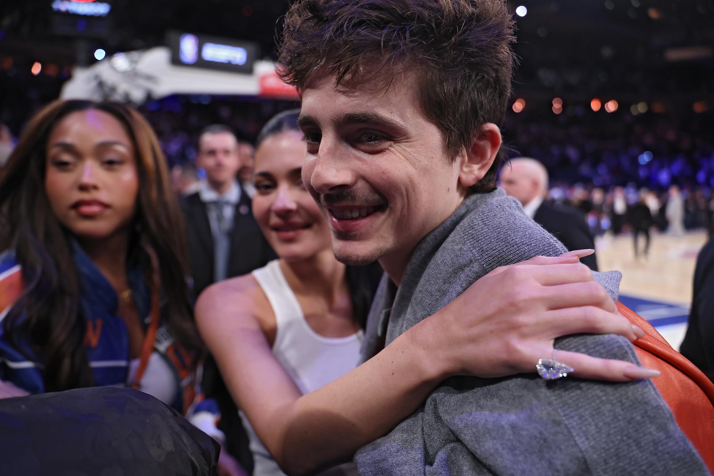 Timothée Chalamet and Kylie Jenner during Game Two of the Second Round of the NBA Eastern Conference Playoffs between the New York Knicks and the Philadelphia 76ers at Madison Square Garden on May 6, 2026, in New York. | Source: Getty Images