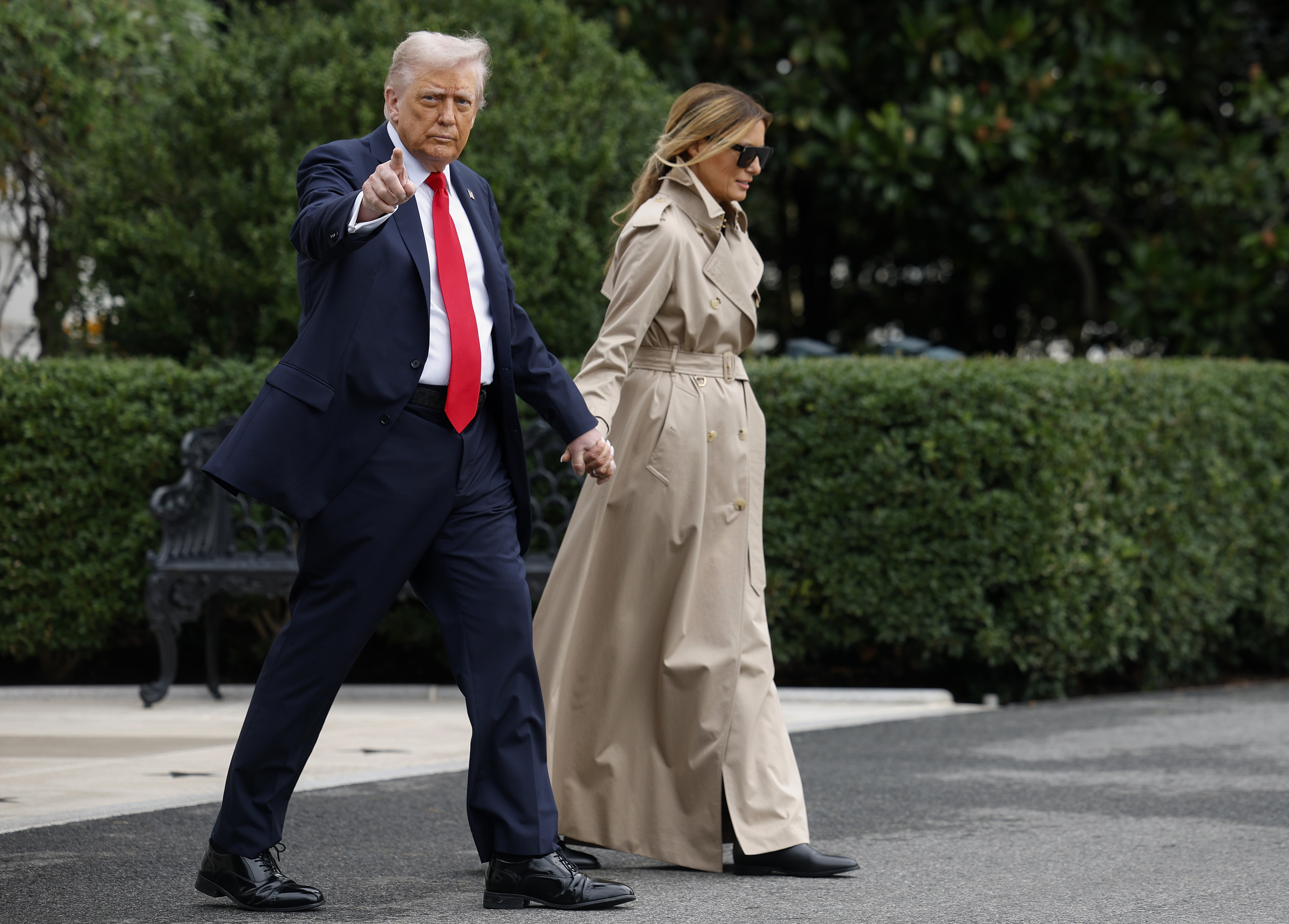 U.S. President Donald Trump and first lady Melania Trump depart the White House en route to London on September 16, 2025 in Washington, DC. | Source: Getty Images