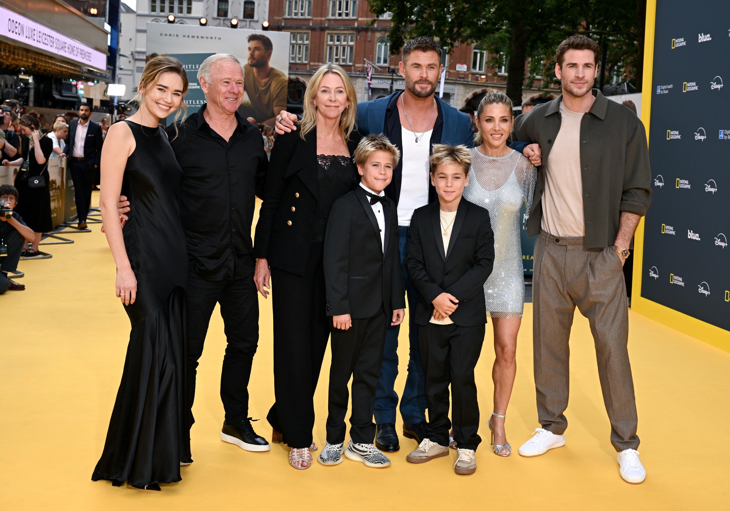 Gabriella Brooks, Craig Hemsworth, Leonie Hemsworth, Tristan Hemsworth, Chris Hemsworth, Sasha Hemsworth, Elsa Pataky and Liam Hemsworth attend the "Limitless: Live Better Now" UK Premiere at Odeon Luxe Leicester Square on July 17, 2025, in London, England. | Source: Getty Images