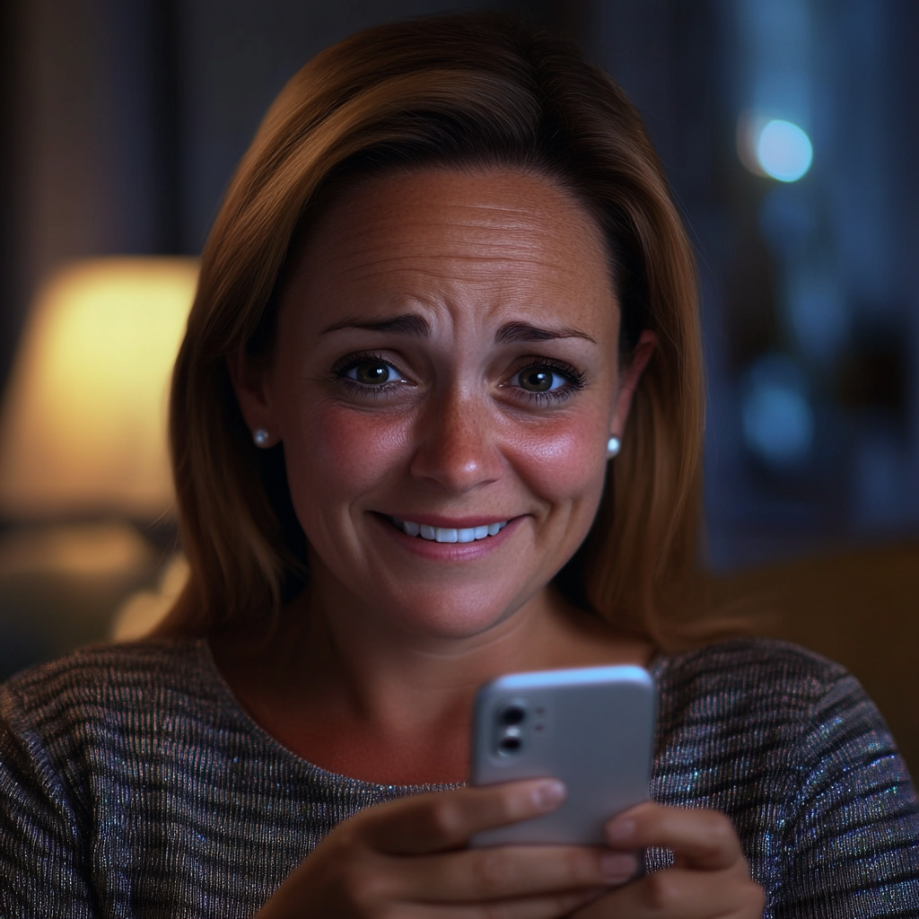 A delighted woman looking at her phone | Source: Midjourney