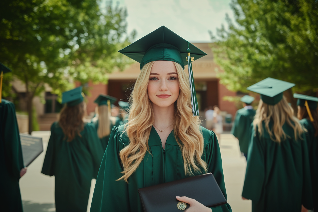 A woman in a cap and gown at a campus holding a purse | Source: Midjourney