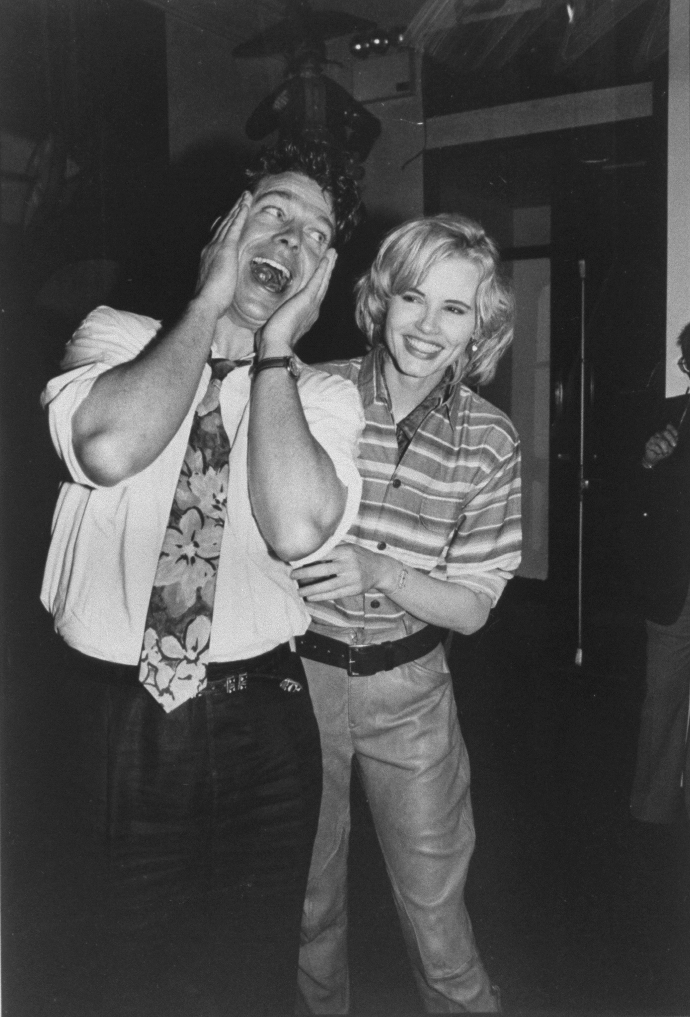 Geena Davis and Christopher McDonald kidding around at the premiere of their motion picture "Thelma And Louise," circa 1991. | Source: Getty Images