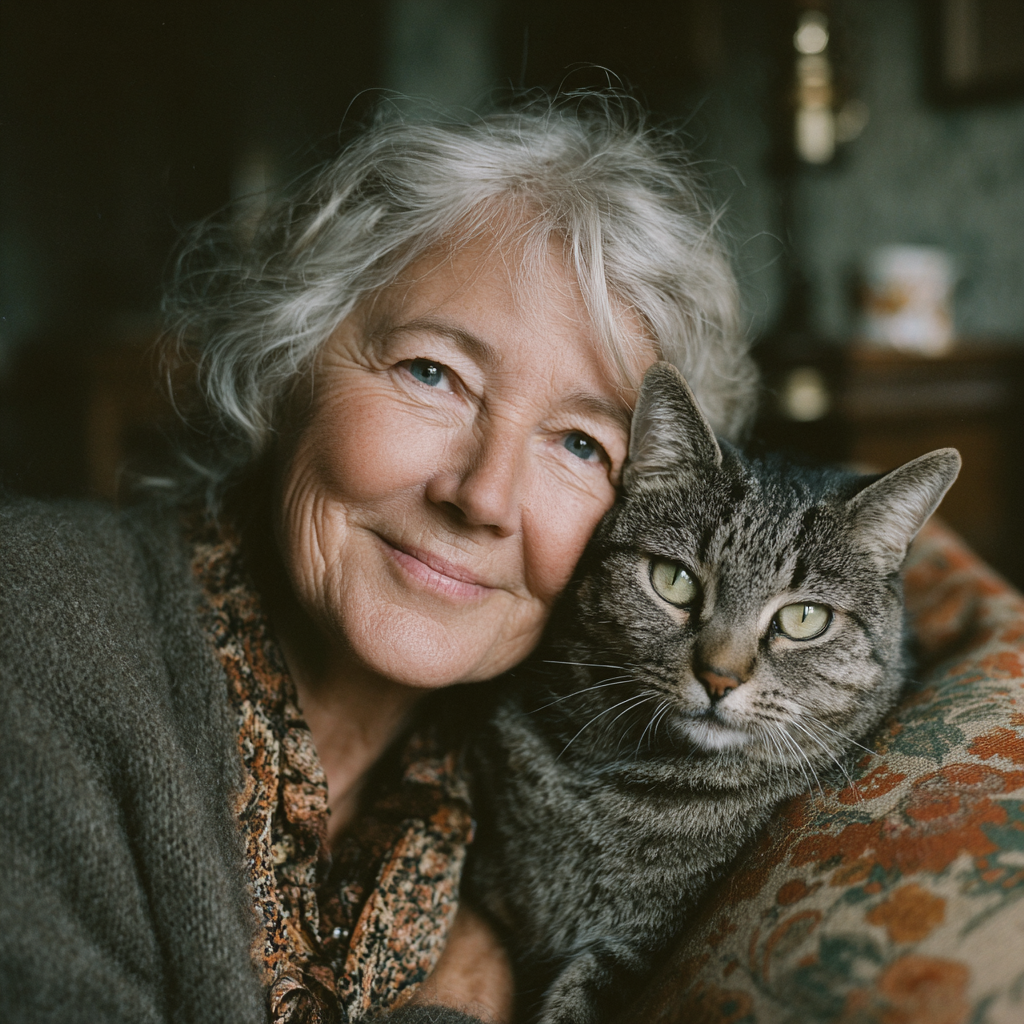 A happy woman with her cat | Source: Midjourney