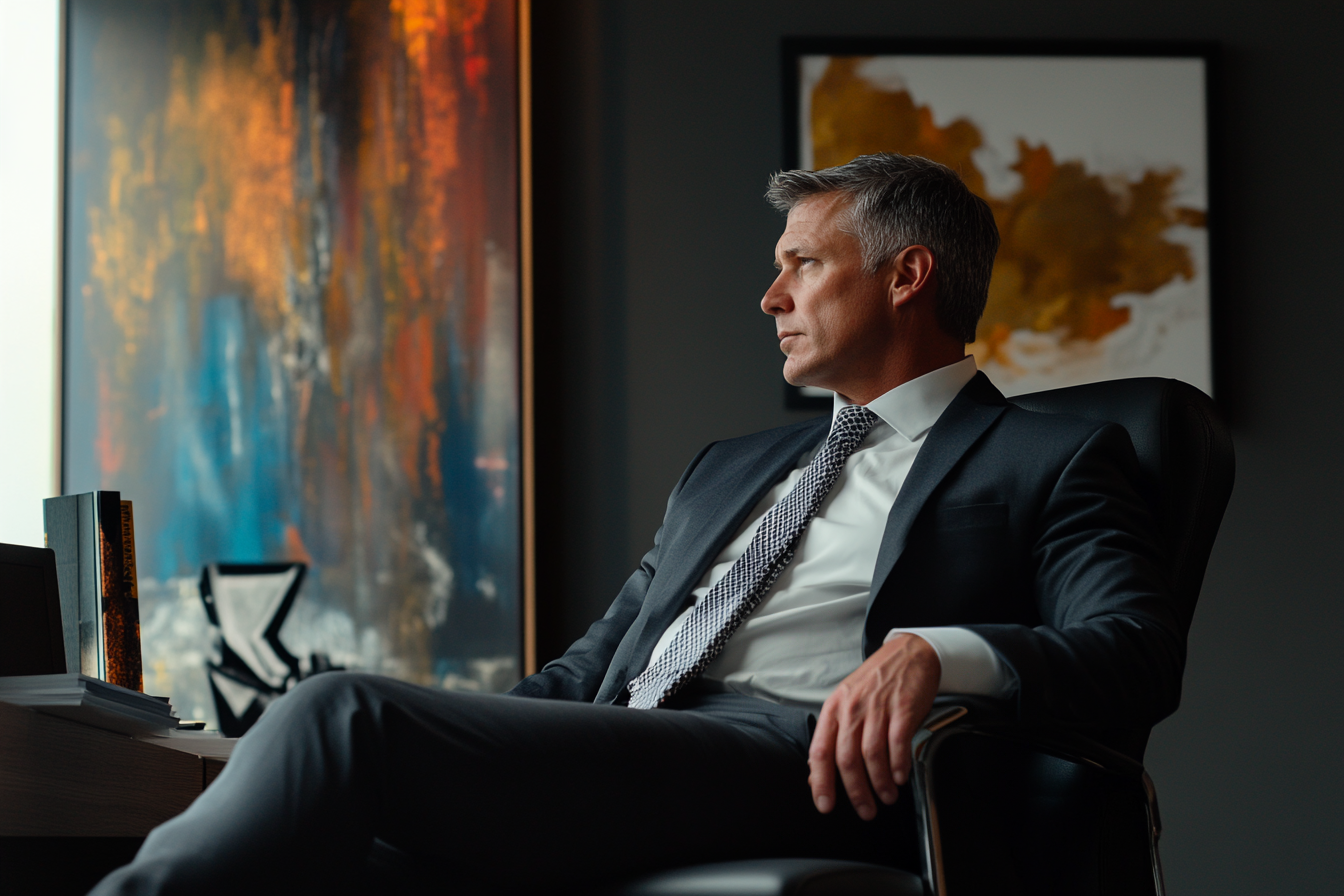 A man in a suit sitting at his desk | Source: Midjourney