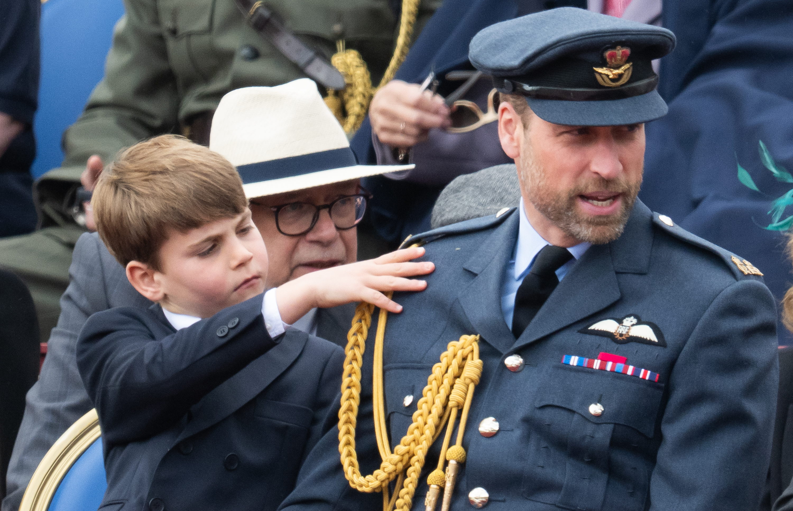 Prince William, Prince of Wales and Prince Louis during the military procession to mark the 80th anniversary of VE Day on May 5, 2025, in London, England. | Source: Getty Images