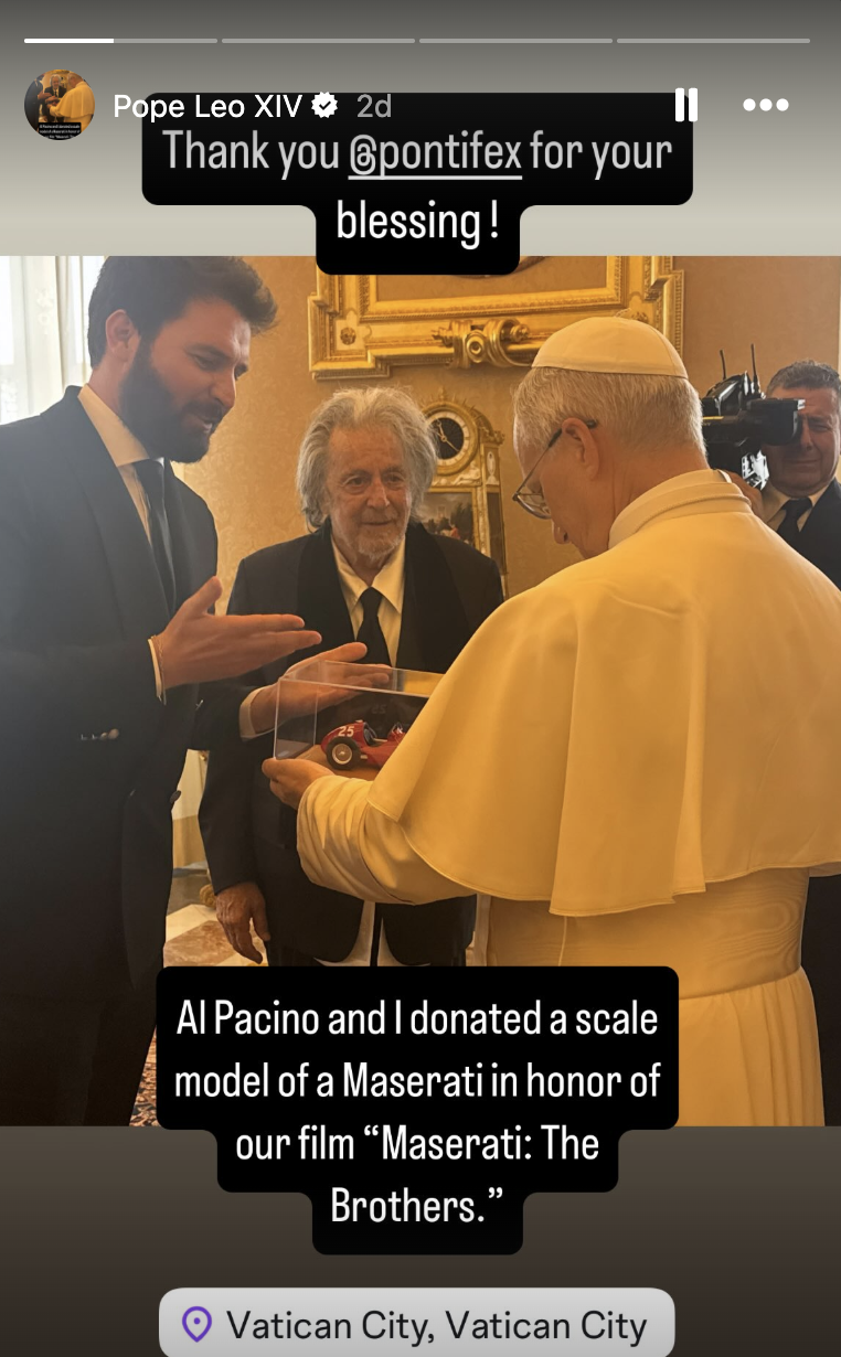 Pope Leo XIV holds a gift from Al Pacino and Andrea Iervolino posted on the latter's Instagram stories on June 17, 2025 | Source: Instagram/andreaiervolinoproducer