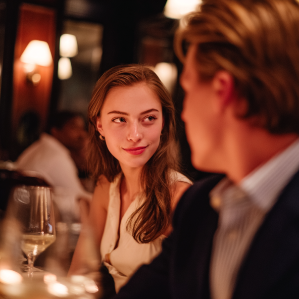 A woman look at her boyfriend sweetly while on a date | Source: Midjourney