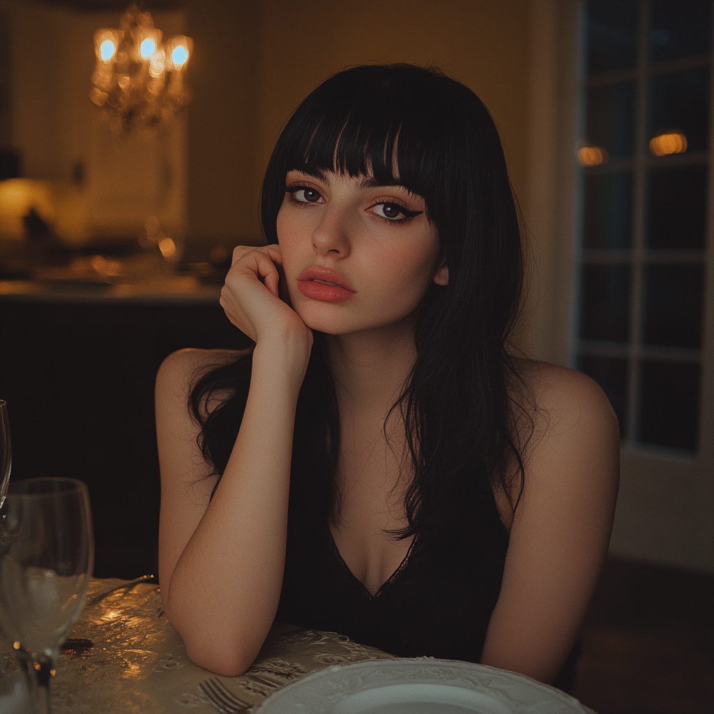 A woman sitting at a dinner table | Source: Midjourney