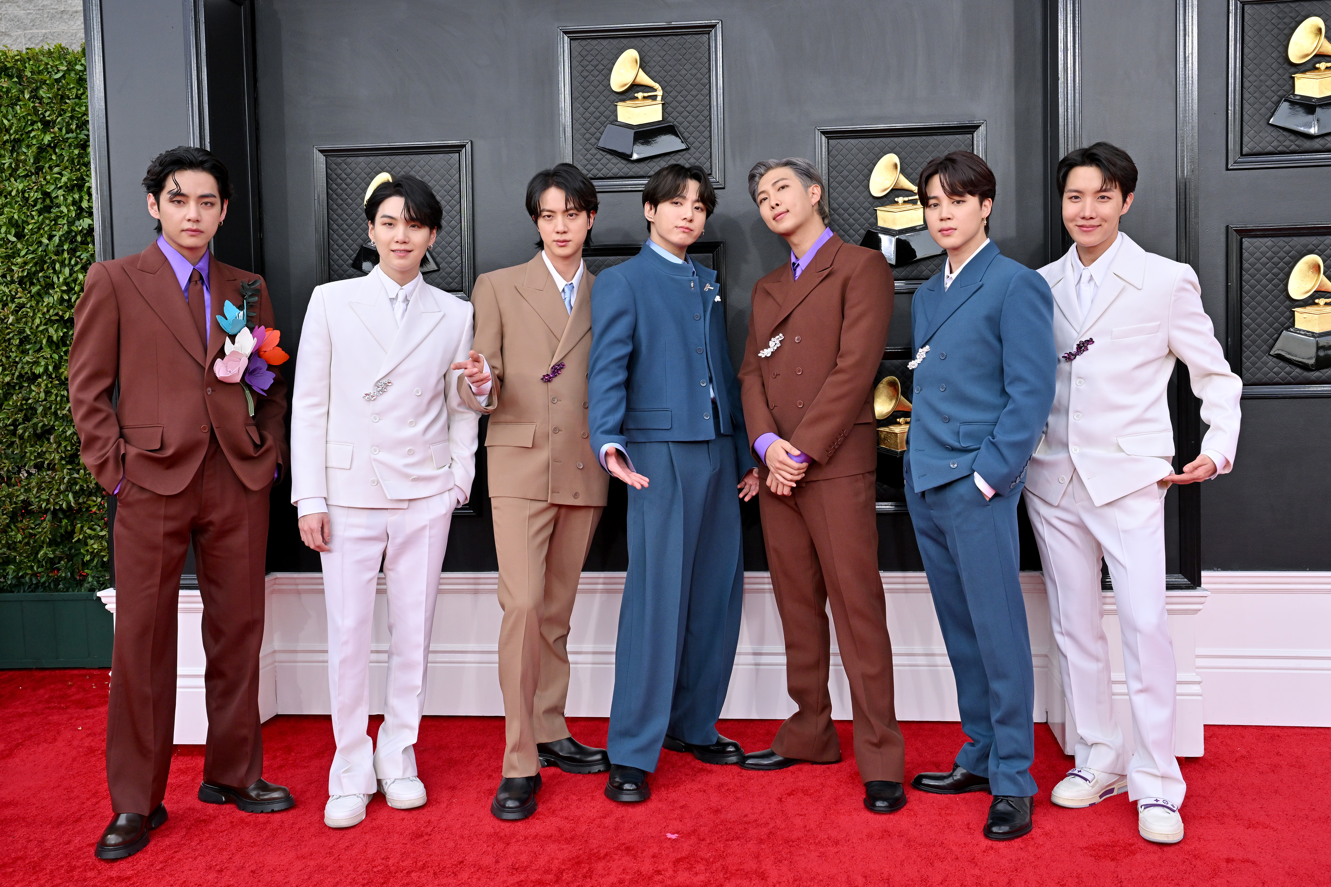V, Suga, Jin, Jungkook, RM, Jimin and J-Hope of BTS attends the 64th Annual GRAMMY Awards at MGM Grand Garden Arena on April 3, 2022 in Las Vegas, Nevada | Source: Getty Images