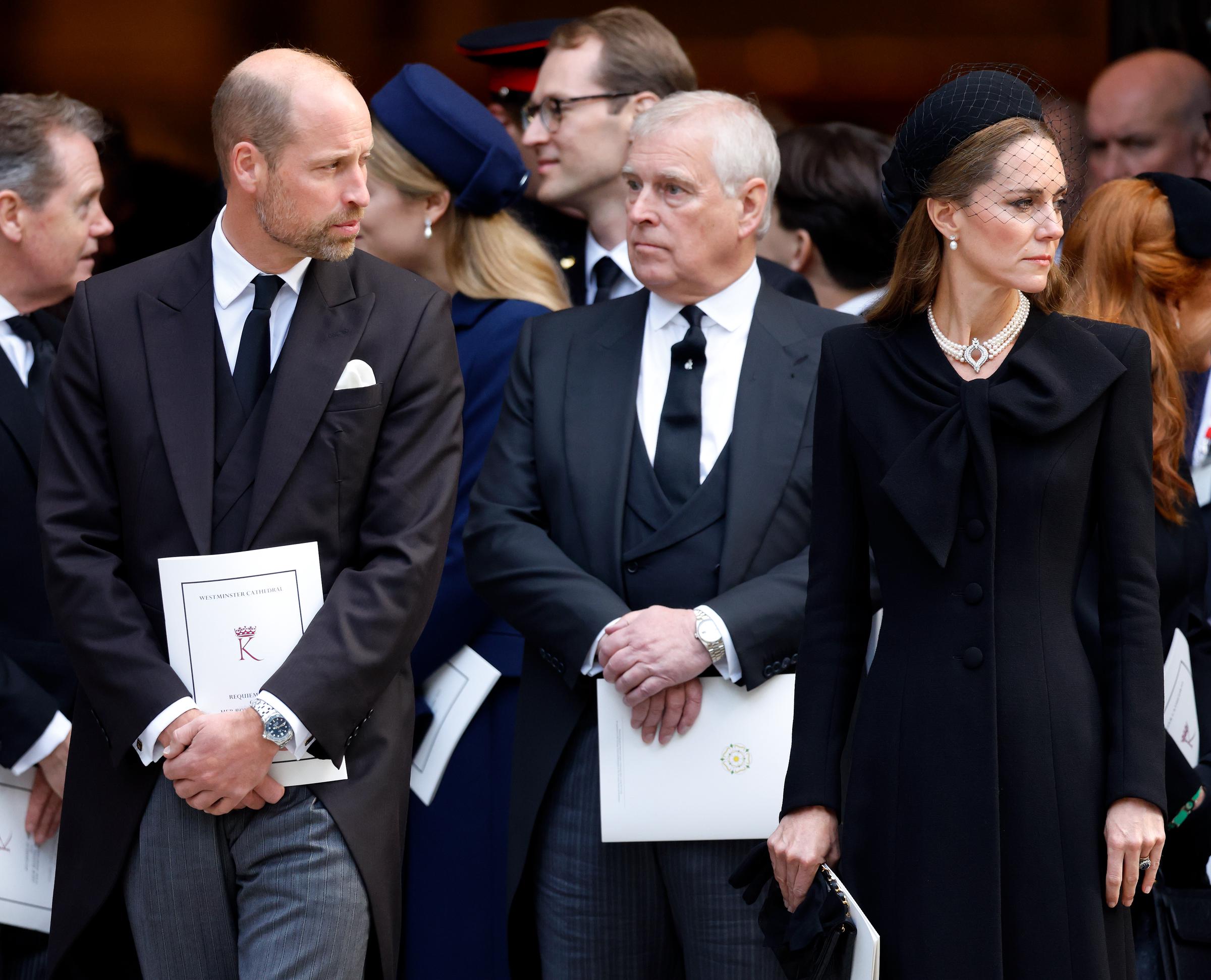 Prince William, Prince of Wales, Prince Andrew, Duke of York and Catherine, Princess of Wales attend Katharine, Duchess of Kent's Requiem Mass service at Westminster Cathedral on September 16, 2025 in London, England. | Source: Getty Images