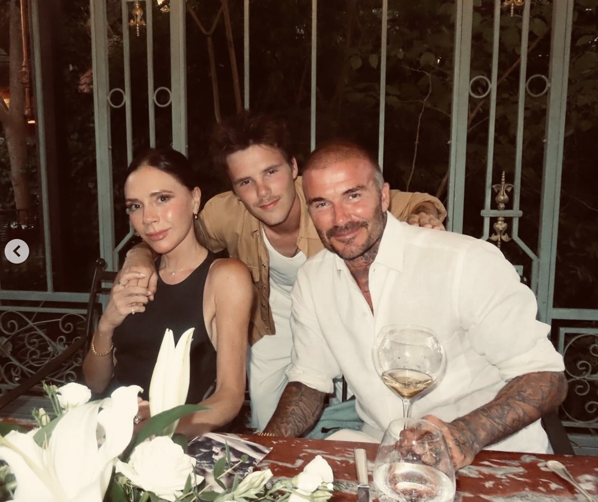 Victoria, David, and Cruz Beckham at Chez Bruno in Lorgues, France, posted on August 10, 2025. | Source: Instagram/davidbeckham