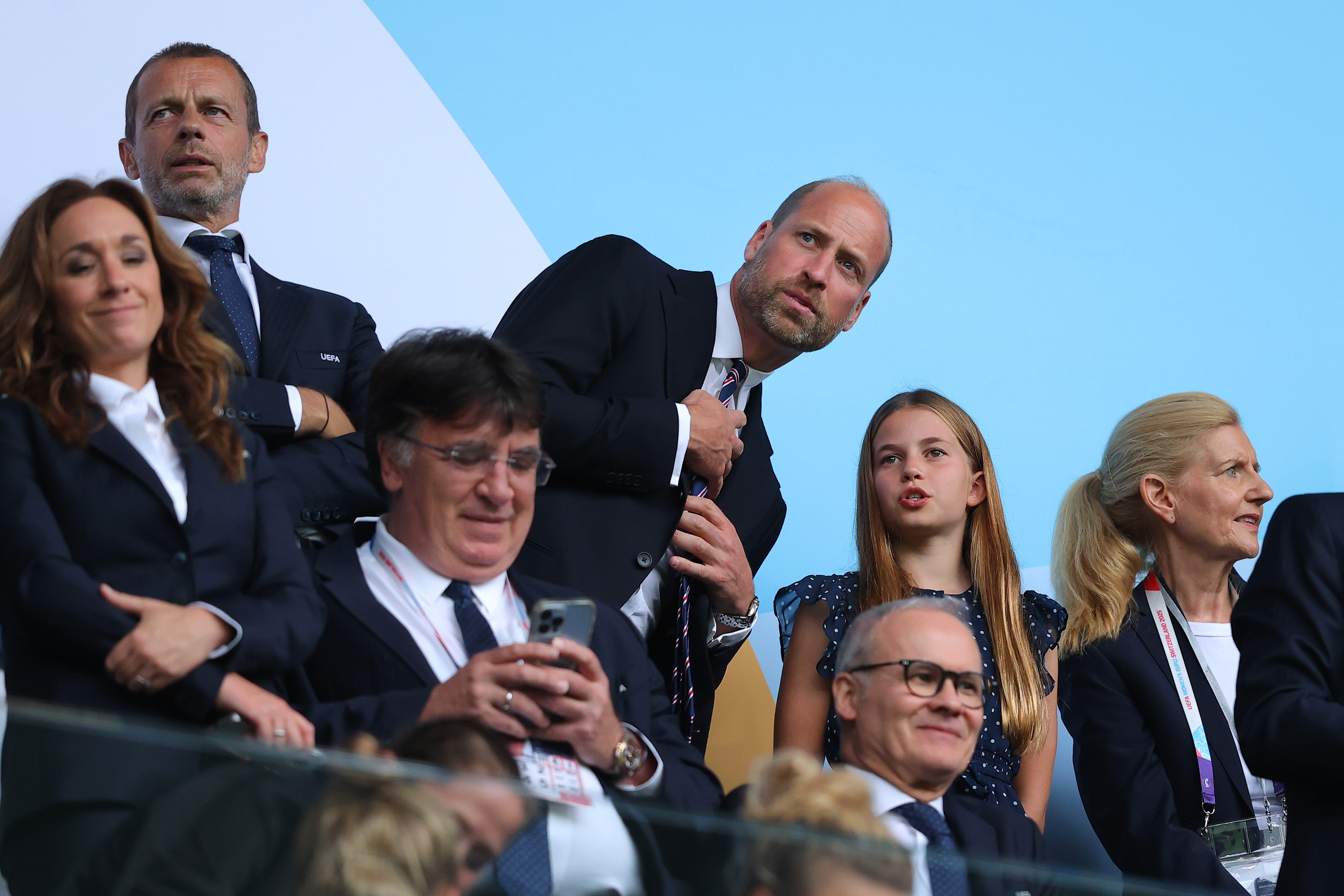 Prince William, Prince of Wales, and his daughter, Princess Charlotte of Wales, are seen in attendance prior to the UEFA Women's EURO 2025 Final match between England and Spain at St. Jakob-Park on July 27, 2025, in Basel, Switzerland. | Source: Getty Images