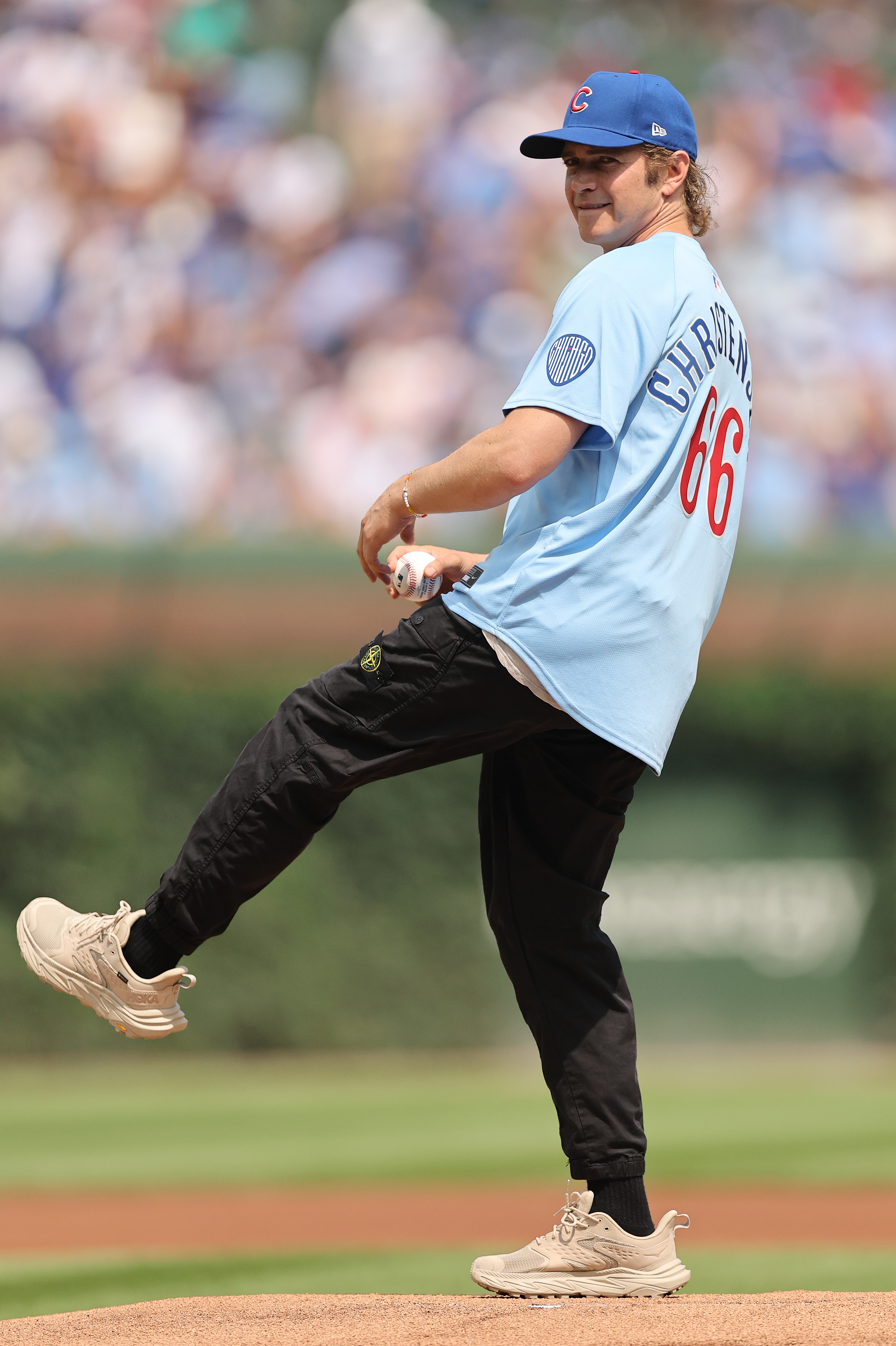 Hayden Christensen throws out the ceremonial first pitch prior to the game between the Chicago Cubs and the Pittsburgh Pirates at Wrigley Field on August 15, 2025, in Chicago, Illinois. | Source: Getty Images