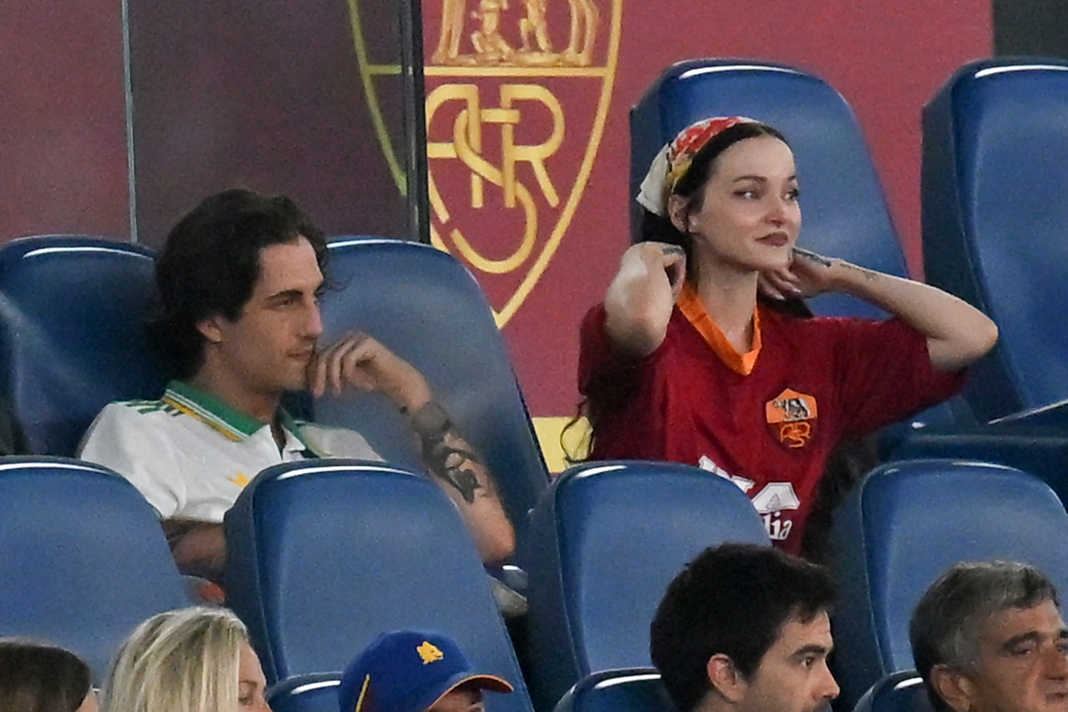 Damiano David and Dove Cameron watching the Roma vs. soccer Bologna match at the Olympic stadium on August 23, 2025, in Rome Italy. |Source: Getty Images