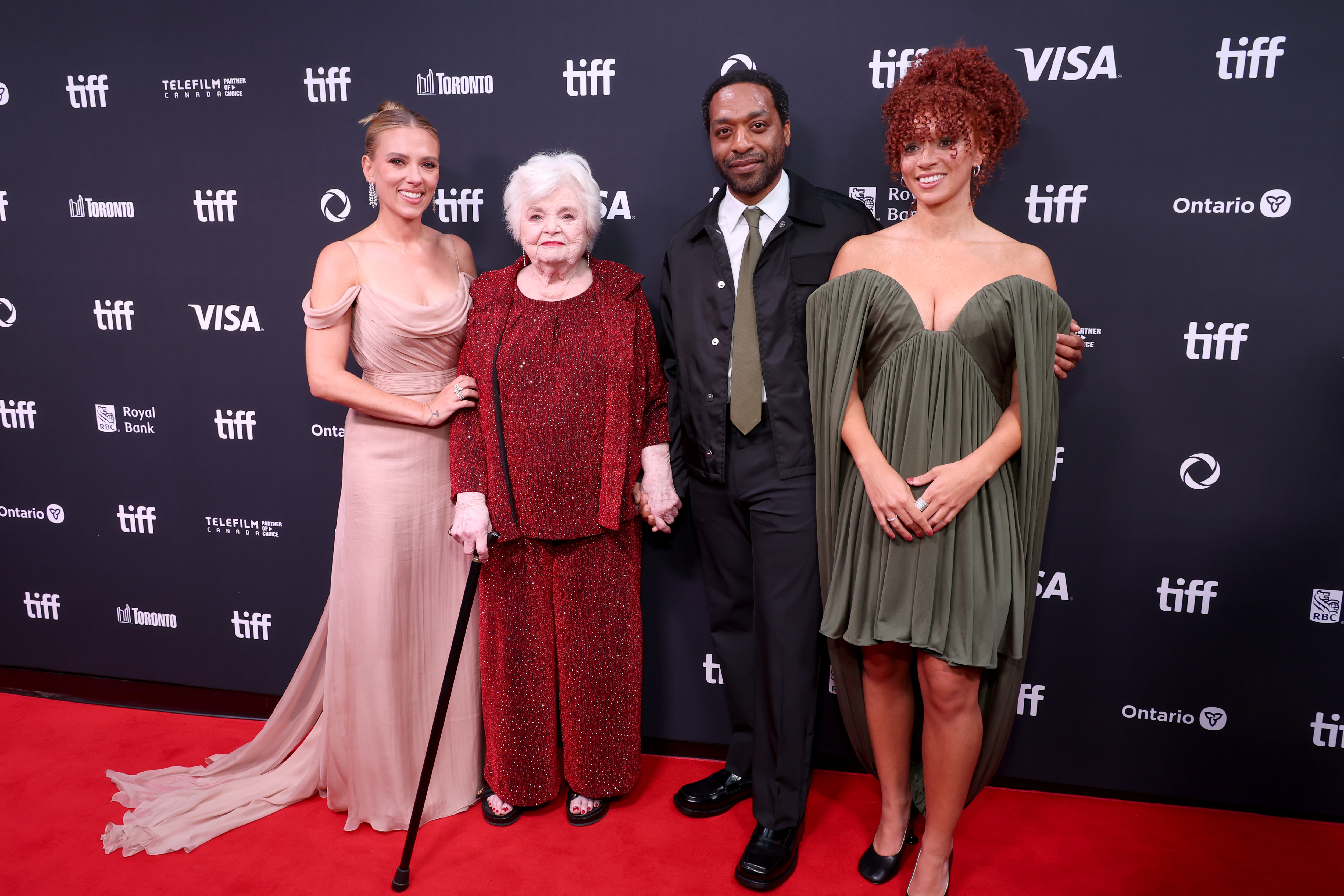 (L-R) Scarlett Johansson, June Squibb, Chiwetel Ejiofor, and Erin Kellyman attend the premiere of "Eleanor the Great" during the 2025 Toronto International Film Festival at Roy Thomson Hall on September 8, 2025, in Toronto, Ontario. | Source: Getty Images