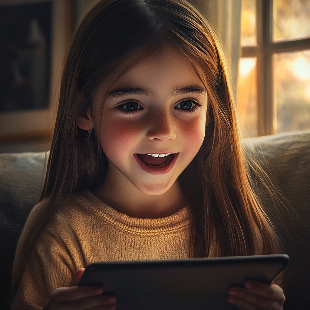 An excited girl holding a tablet | Source: Midjourney